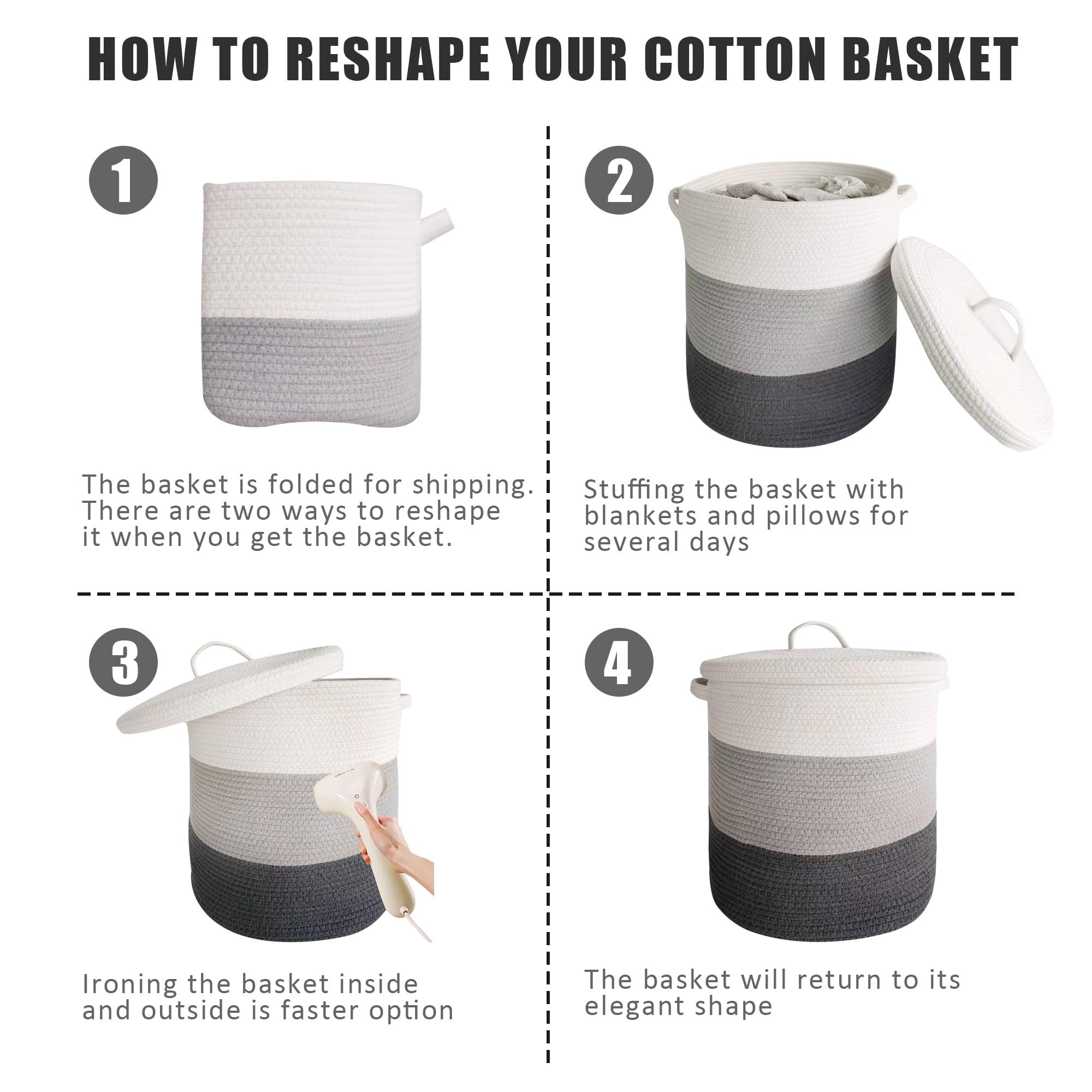 Large Storage Basket With Lid 60L, 16''Wx18''H Woven Laundry Basket With Lid Cotton Laundry Basket, Wicker Basket Blankets Pillo