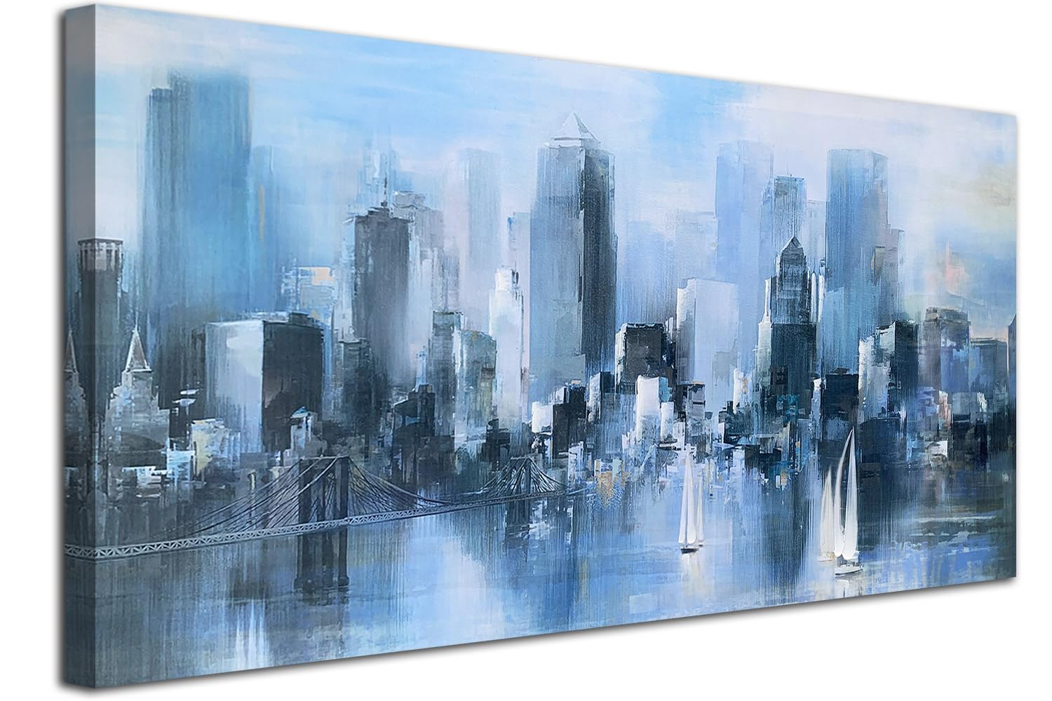 Acocifi New York City Canvas Wall Art Abstract Cityscape Brooklyn Bridge Painting, Skyline Picture Sailboat Blue Print Textured