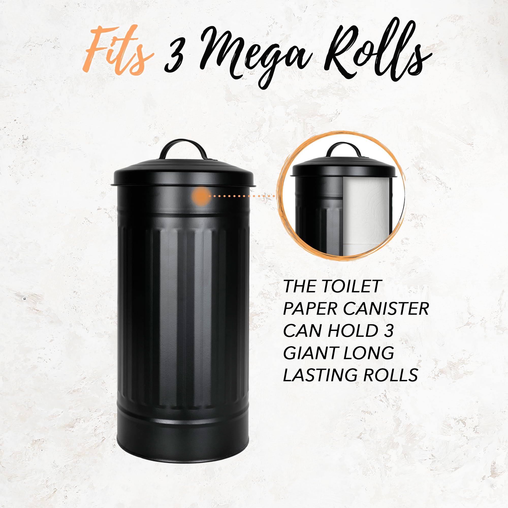 Autumn Alley Black Toilet Paper Reserve Holder Canister with Lid - Vertical Rustproof Free-Standing Farmhouse Metal Toilet Tissue Caddy for 3 Mega Rolls  Rustic Behind/Beside Toilet Storage Stand