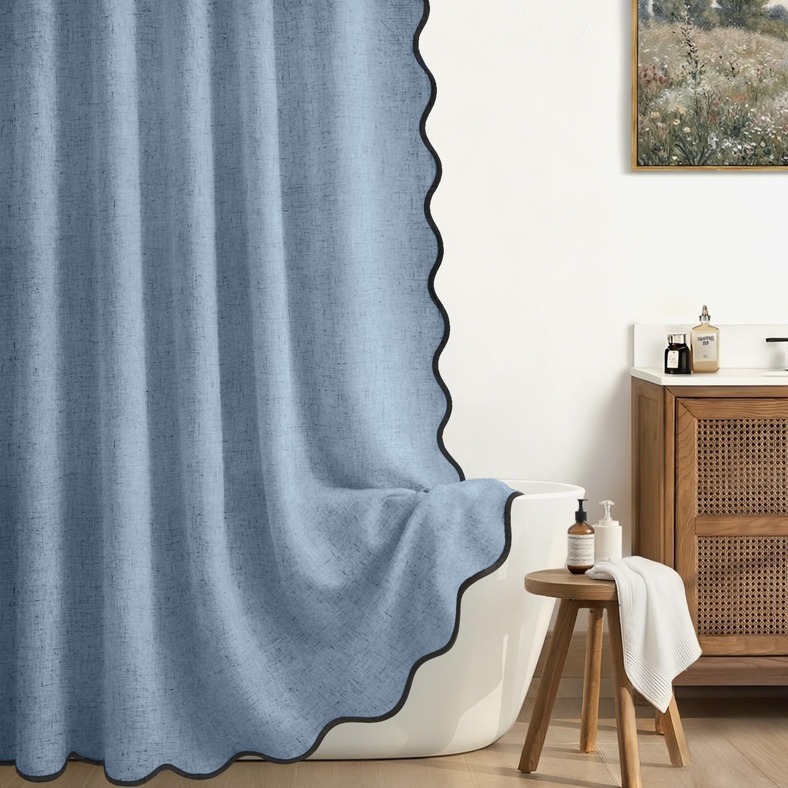 Xoguibo Linen Shower Curtain Flax Blue Grey Cute Black Scalloped Boho Modern Shower Curtains For Bathroom Set, 72 W X 72 L