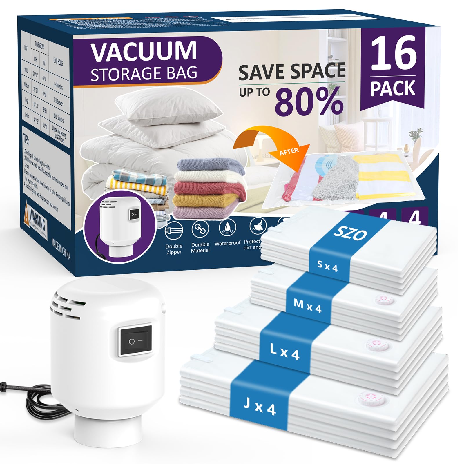 SZO 16 Pack Vacuum Storage Bags With Electric Air Pump,(4 Jumbo/4 Large/4 Medium/4 Small) Vacuum Seal Bags For Clothing Travel,