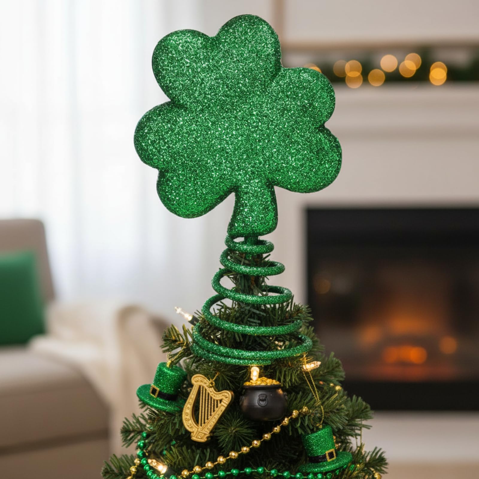 St. Patrick Day Mini Tree Topper St. Patricks 6 Inch Miniature Shamrock Christmas Tree Topper, Irish Green Decoration for Holid