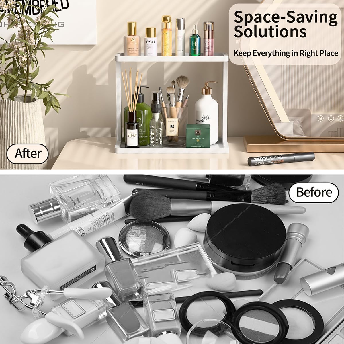 PEKER Bamboo Bathroom Organizer Countertop - Small Vanity Storage Shelf for Makeup, Perfume, Skincare - Natural Cosmetics Displa