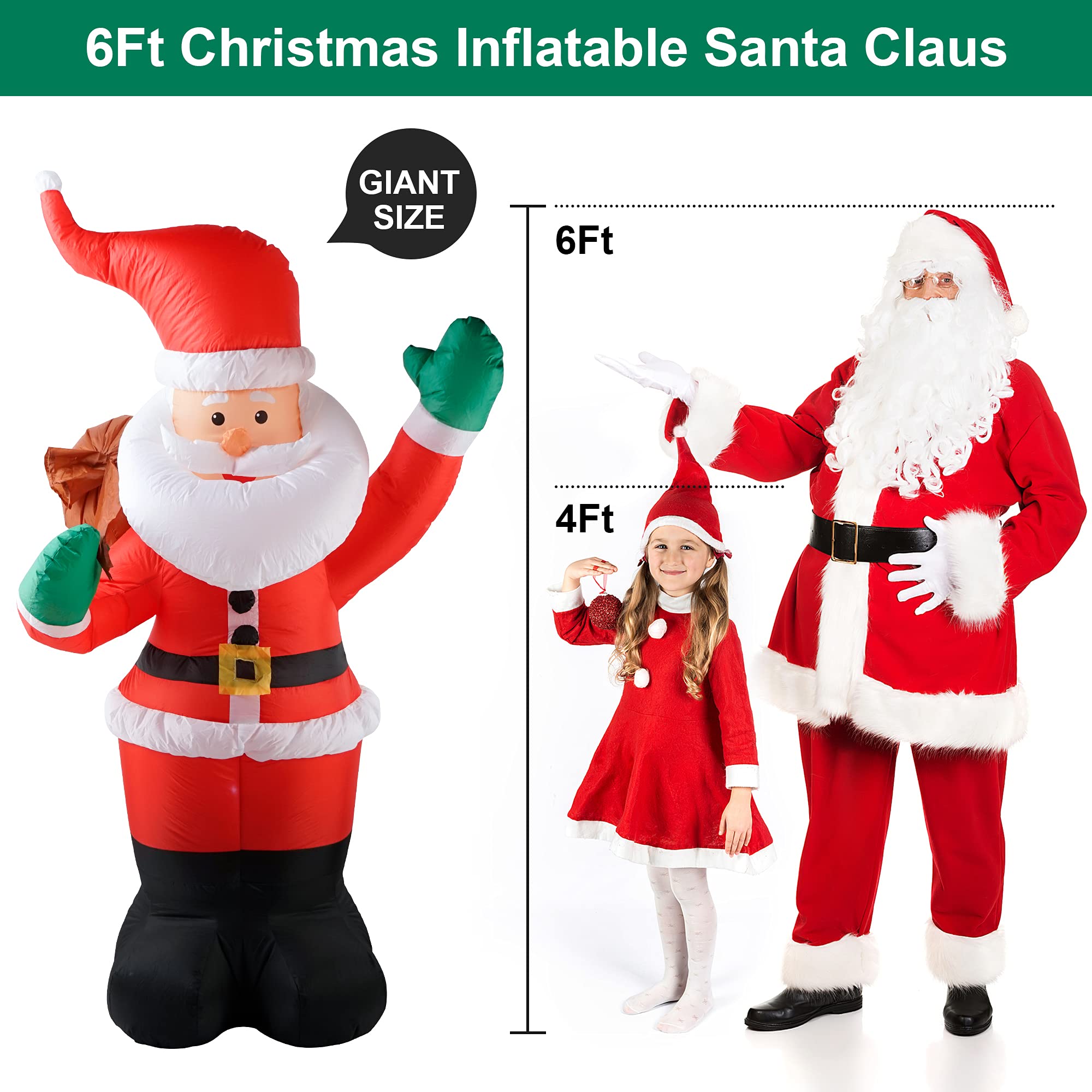 COOLWUFAN 6 FT Christmas Inflatables Santa Claus with Gifts Bag, Christmas Inflatables Outdoor Decorations, Built-in LED Lights
