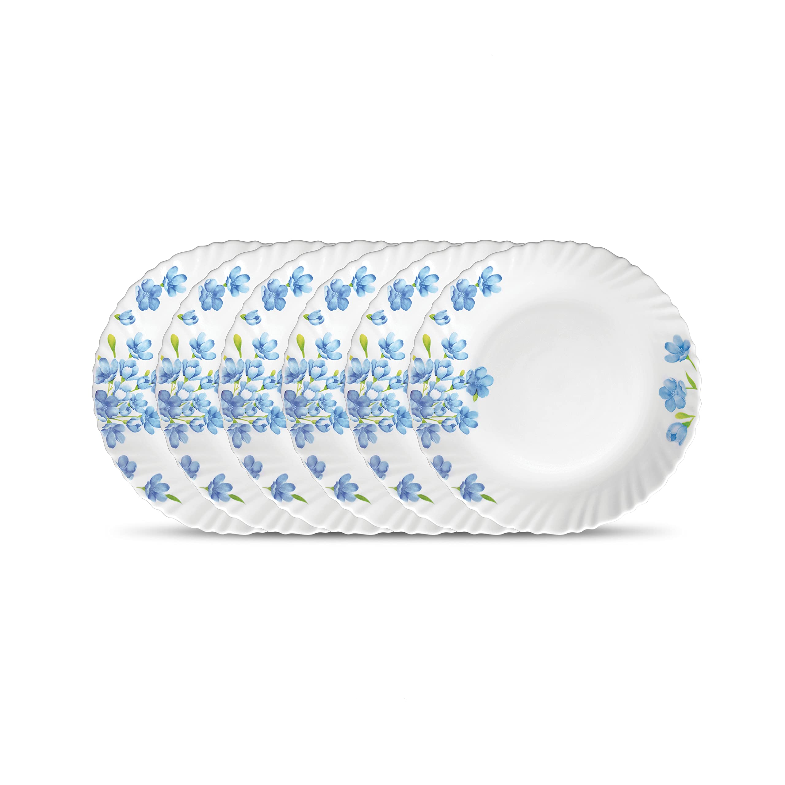 La Opala Diva Classique Collection Opal Glass Crockery | Full Plate Set Of 6 | Aster Blue Design | For Dining & Gifting | Microw