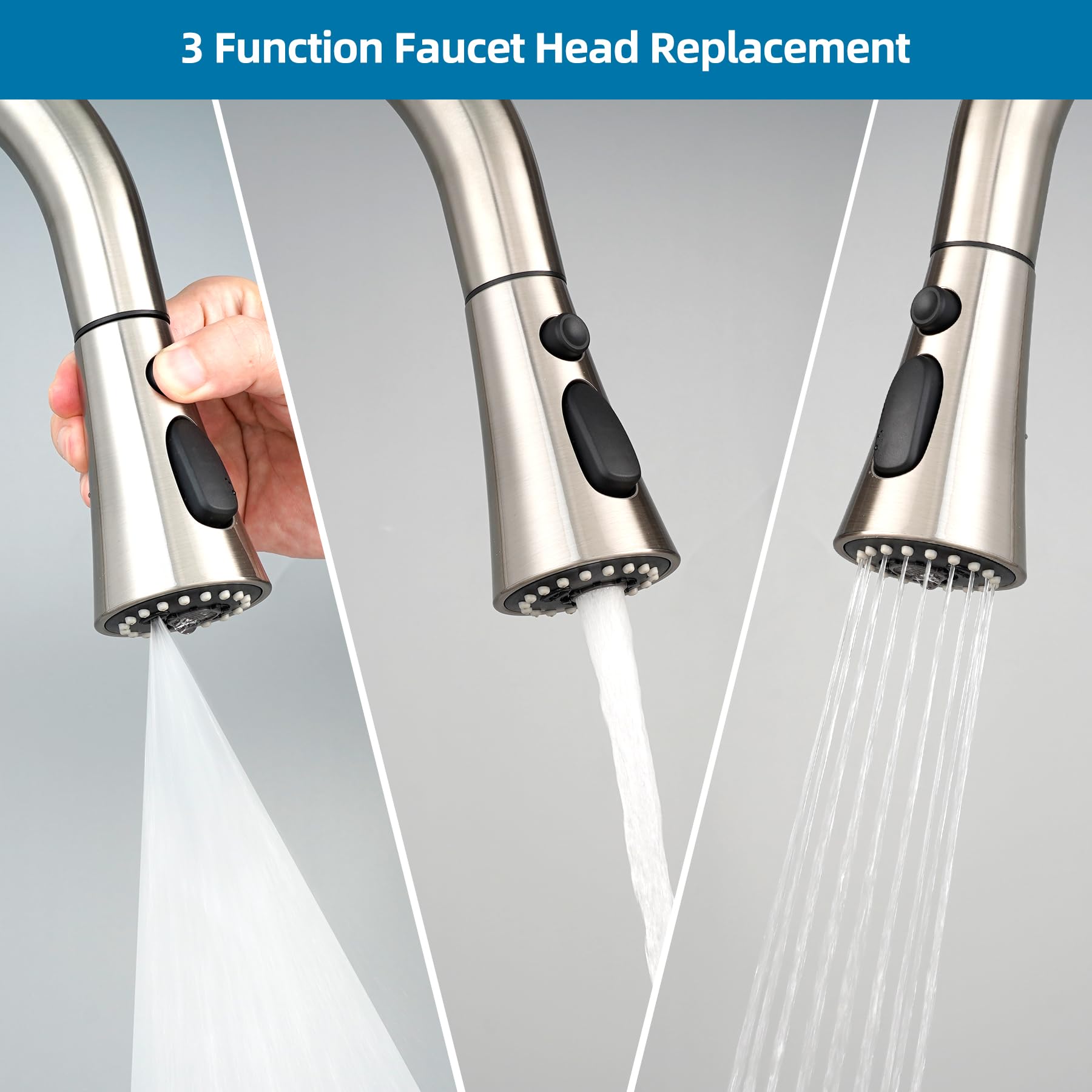 Universal Kitchen Faucet Head Replacement With 15 Adapter Kit Compatible With Kohler/Moen/Delta Faucet, 3 Function Pull Down Sin
