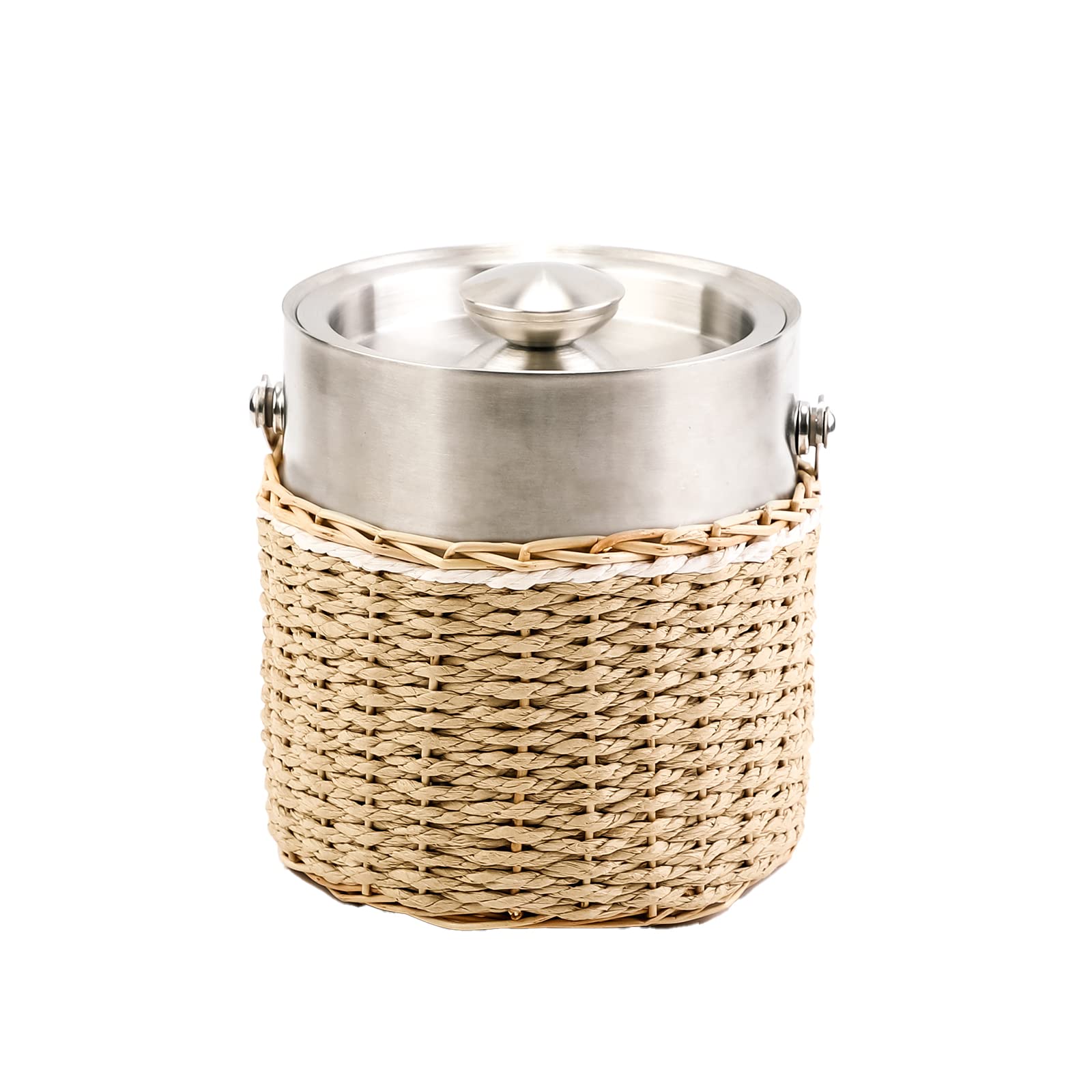 Ice Bucket With Lid, 2 Liter Stainless Steel Insulated Ice Bucket With Wicker Outer Basket Handle Tongs For Party Bar Buffet