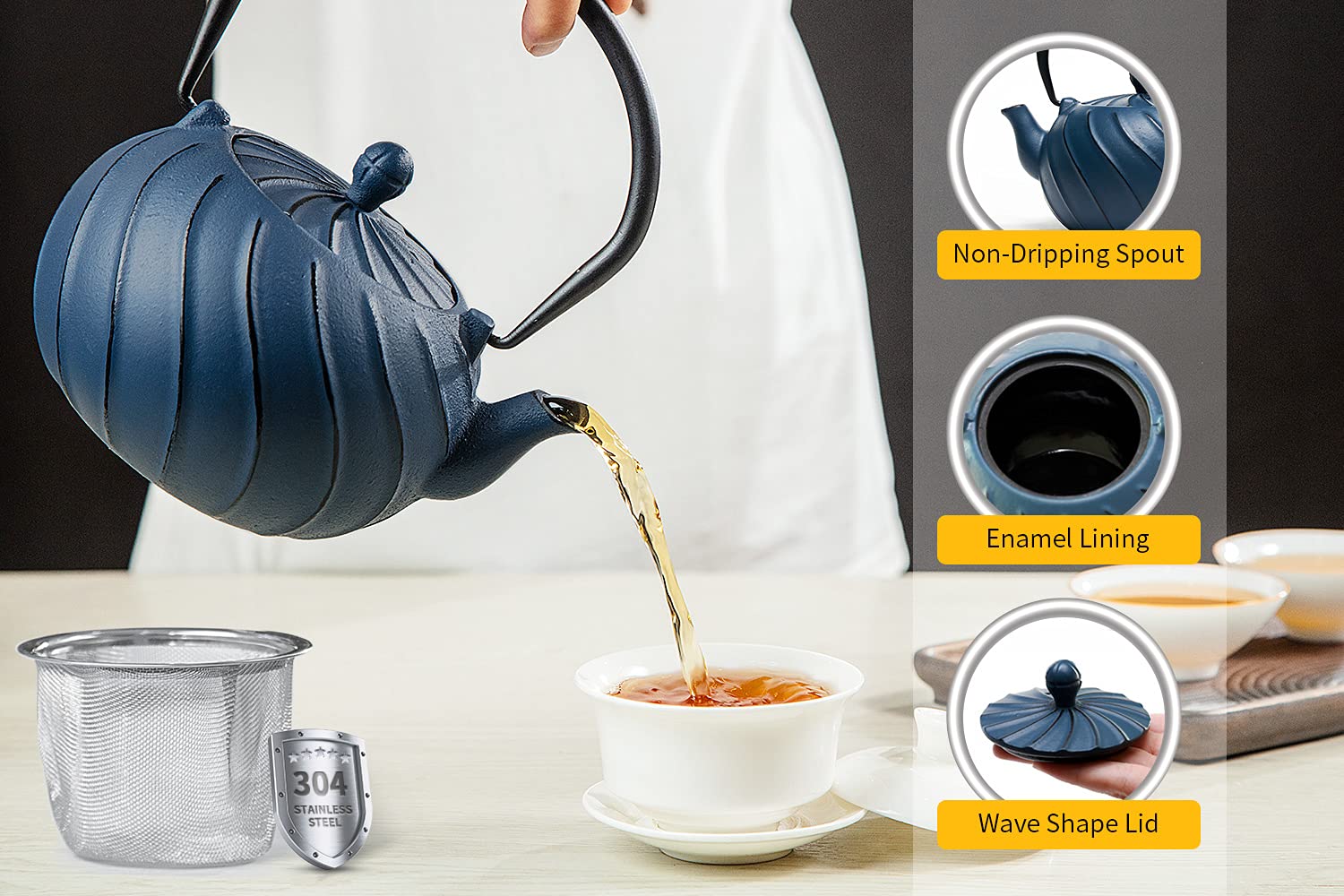 Tea Kettle, Toptier Japanese Cast Iron Teapot With Stainless Steel Infuser, Cast Iron Tea Kettle For Stove Top, Wave Design Teap