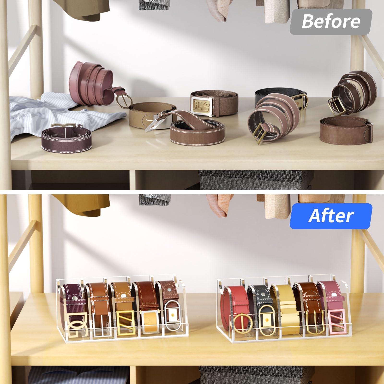 Niubee Belt Organizer, Acrylic Belt Storage Holder For The Closet And Drawer, 5 Compartments Belt Box With Display Stand