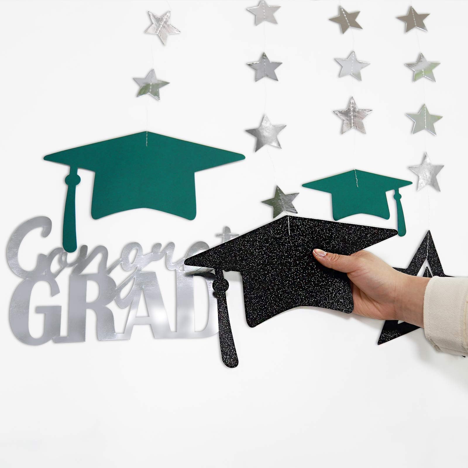 Cheerland Green Graduation Party Decoration Kit Black Cap Decor Shiny Congrats Grad Banner Star Hat Garland Hanging Streamer Ban