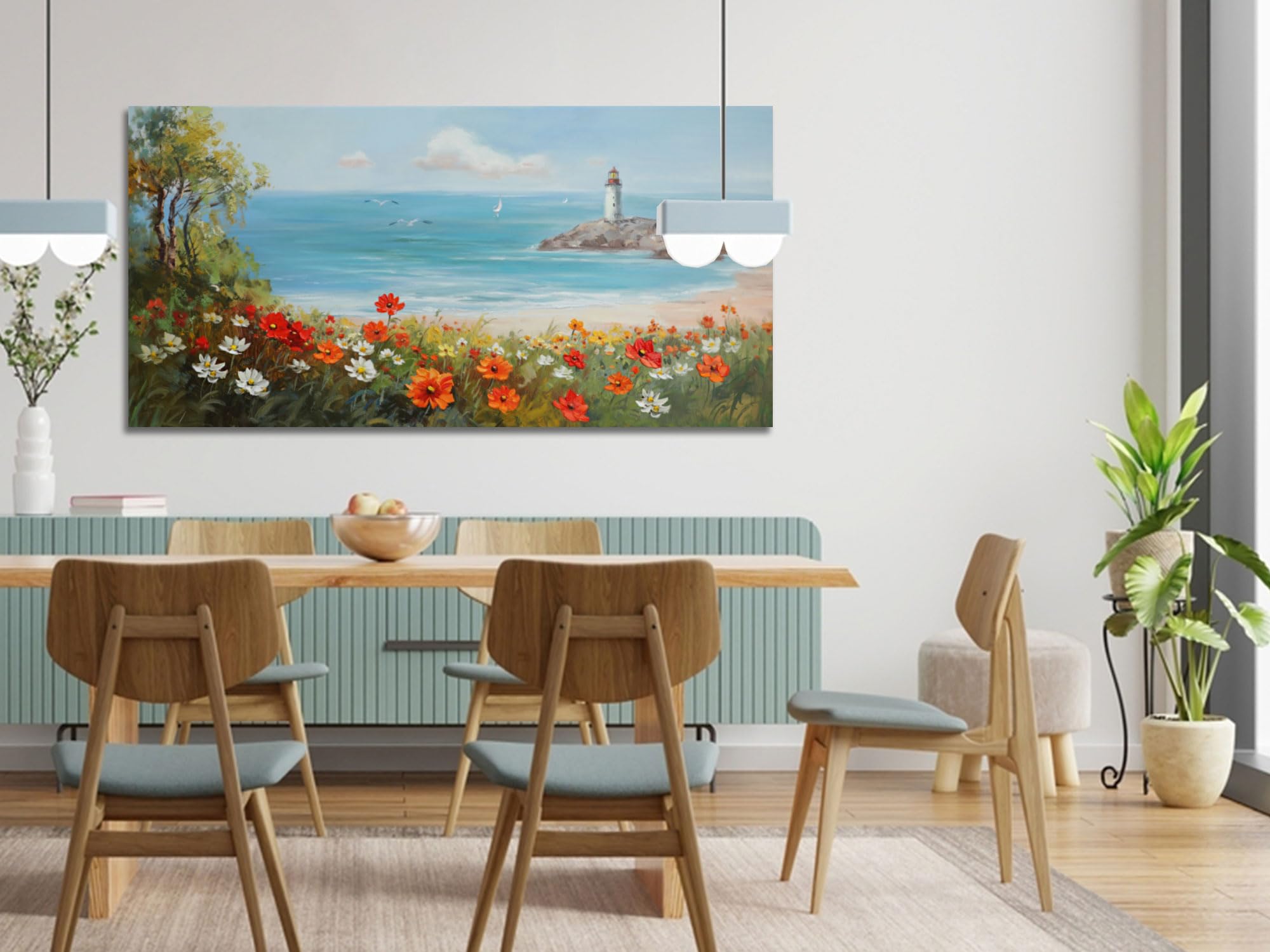 Ardemy Flowers Wall Art Canvas Blue Ocean Lighthouse Painting Seascape Landscape Coastal Picture, Textured Floral Artwork Extra