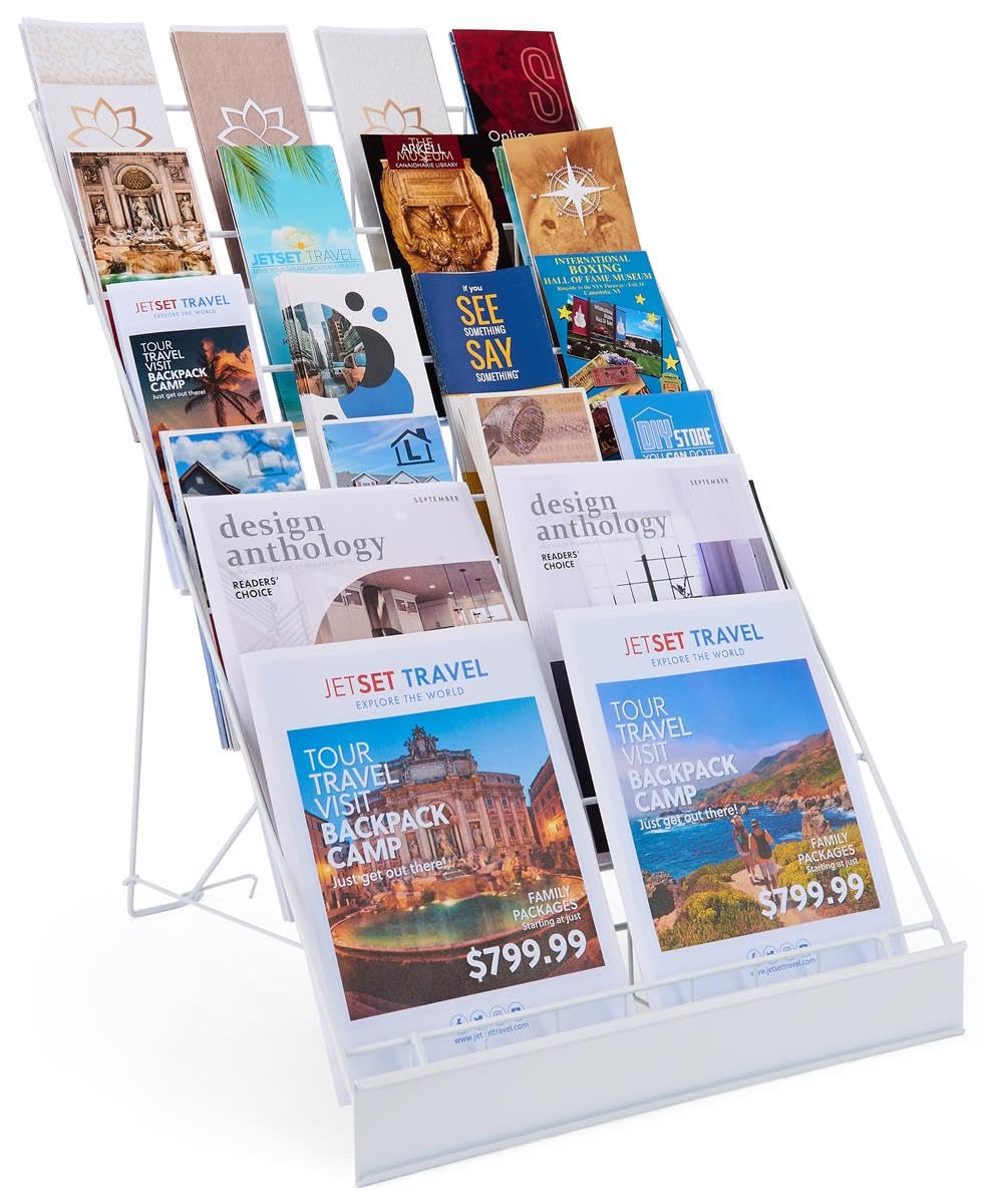 Displays2go Wire Magazine Rack with 6 Open Tiers, Holds Both Magazines and Brochures, Includes Sign Channel at the Front - White