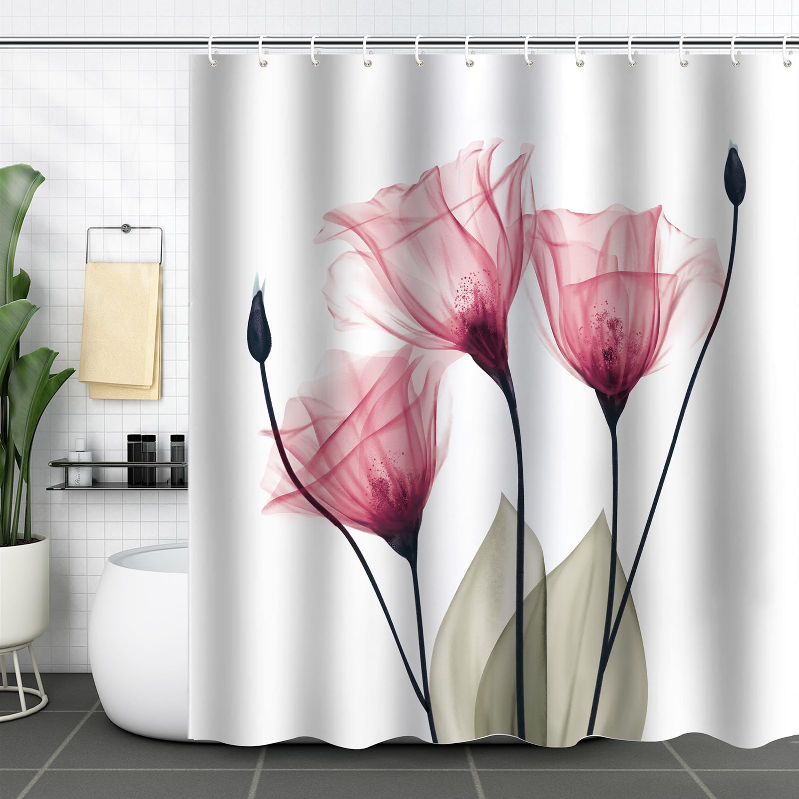Zchomi Pink Floral Shower Curtain Watercolor Tulip Flower Shower Curtain For Bathroom Waterproof Polyester Fabric Bathroom Curta