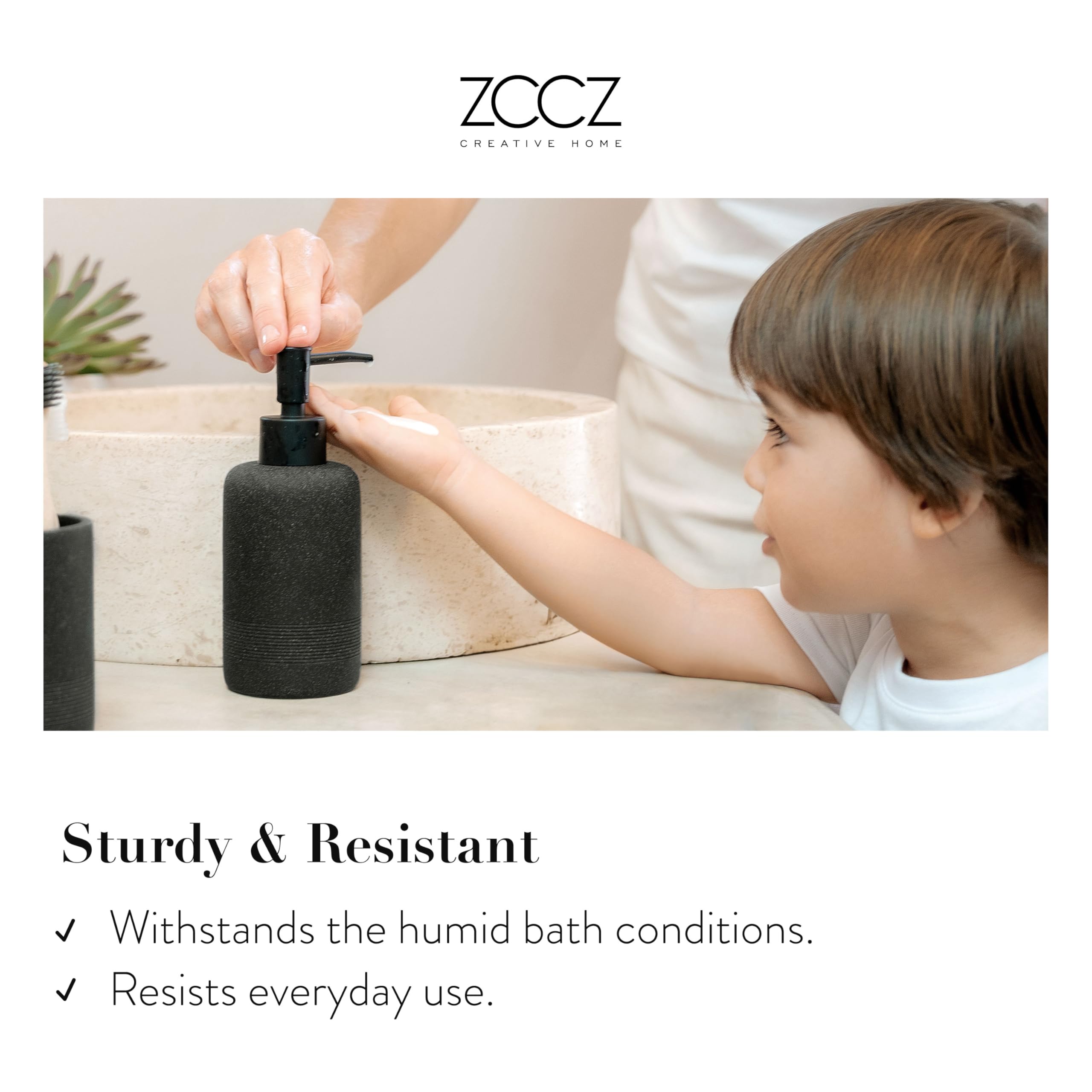 Zccz Black Bathroom Accessories Set 6 Pcs- Toothbrush Holder, Lotion Dispenser, 2 Qtip Container, Vanity Tray, Tumbler For Count