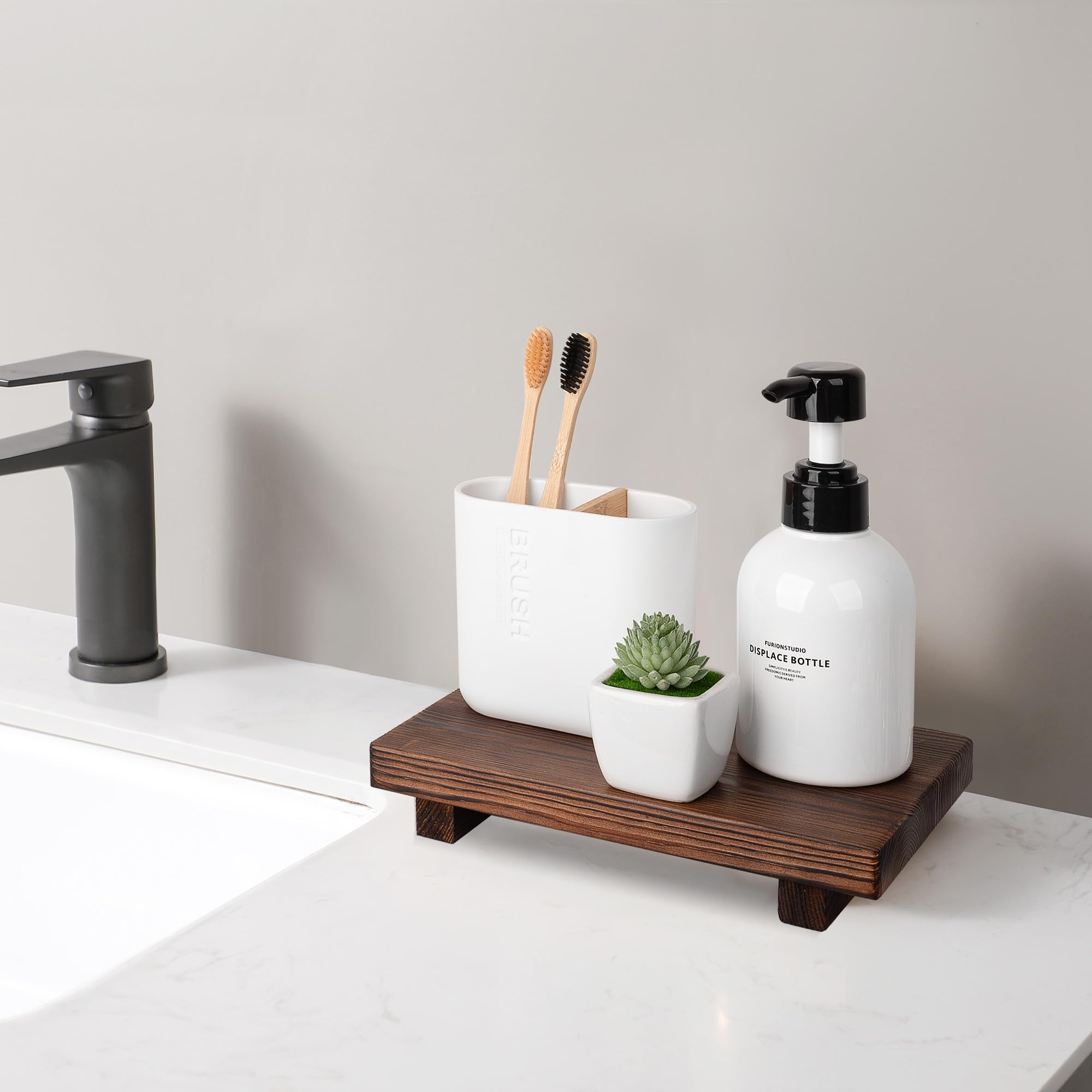 Bathroom Counter Organizer Wood Pedestal Stand Farmhouse Decorative Tray Soap Holder For Kitchen Decor, 9'' X 6'' - Dark Brown