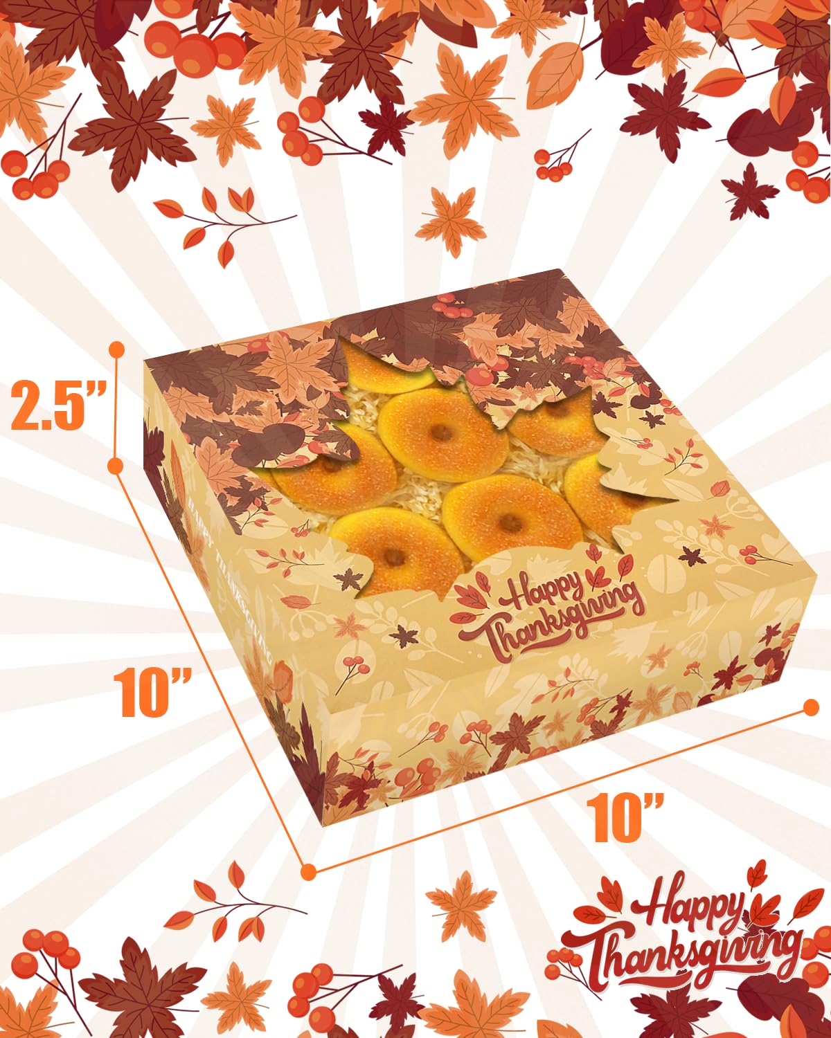 qiqee Thanksgiving Auto-pop Up 10x10x2.5 inch Pie Boxes with Window Pumkin Leaves 30Packs Cookie Donut Bakery Box