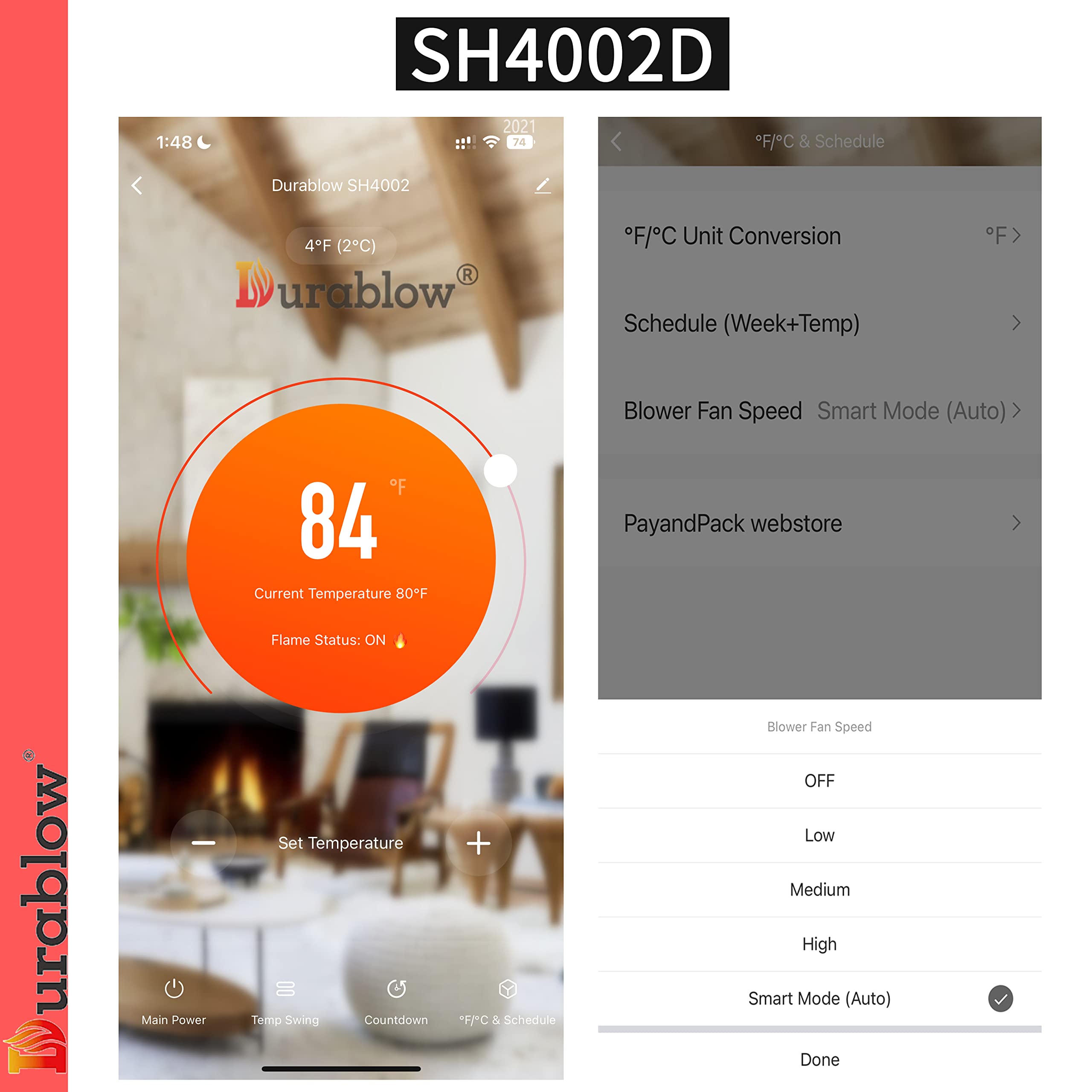 Durablow SH4002D Dual WiFi (2.4G+5G) Thermostat for Gas Fireplace Valve + Blower Remote Control  Smart Home  Work with Alexa  Google Home  Siri  On/Off+Timer + Wireless Thermostat + Blower Fan Control