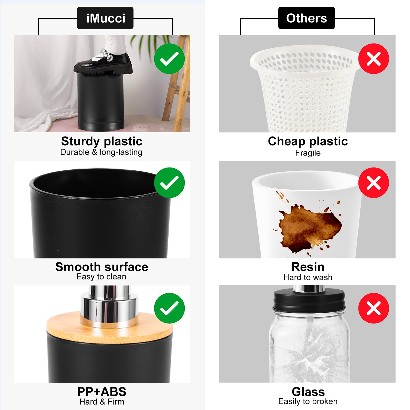 Imucci Bathroom Accessories Set With Trash Can,Toothbrush Holder, Lotion Soap Dispenser, Soap Dish,Tumbler Cup(9Pcs Black Bamboo