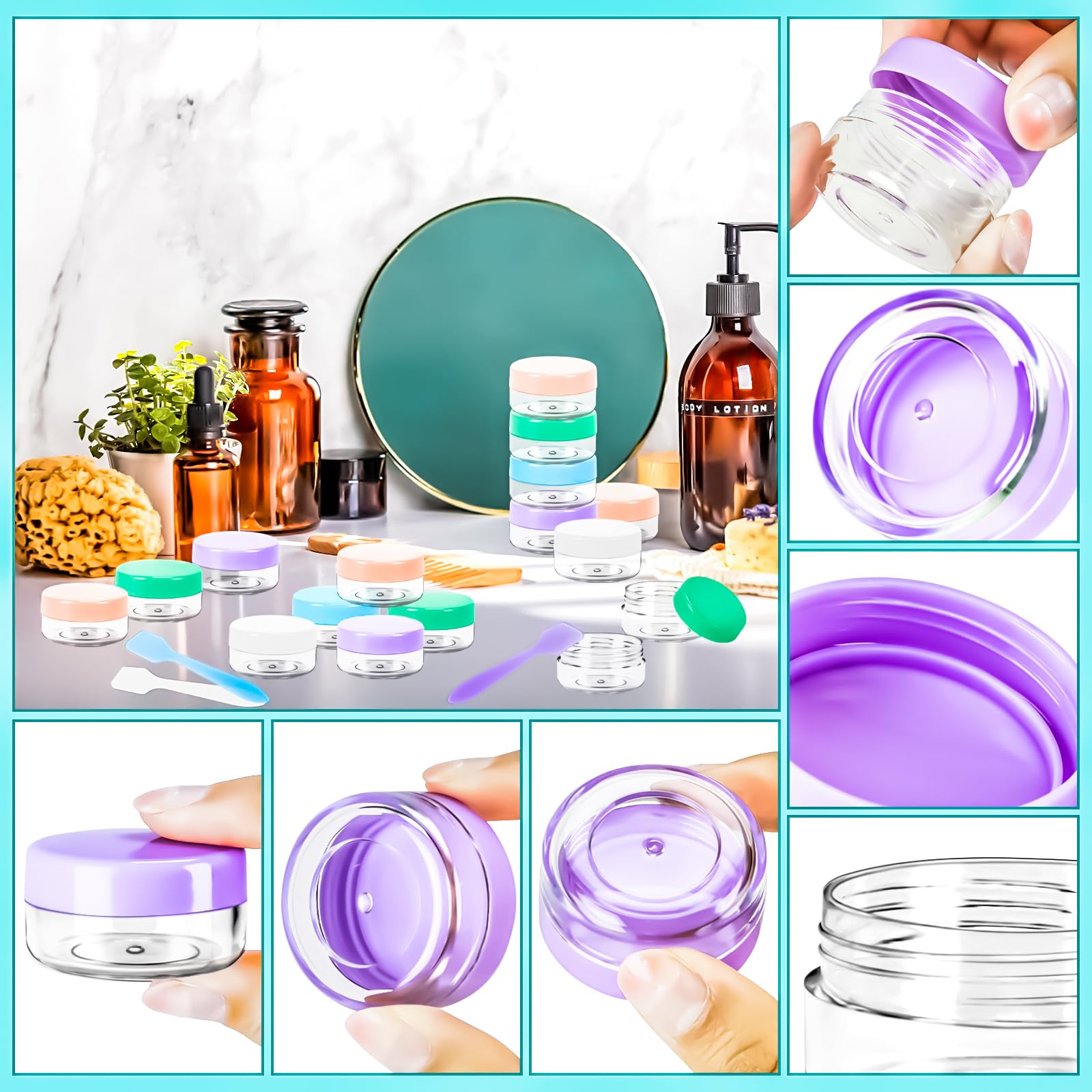 Motbach 50Pcs 10G Empty Sample Containers With Colored Lids,Refillable Makeup Sample Containers, Small Sample Pot Jars Travel Ma