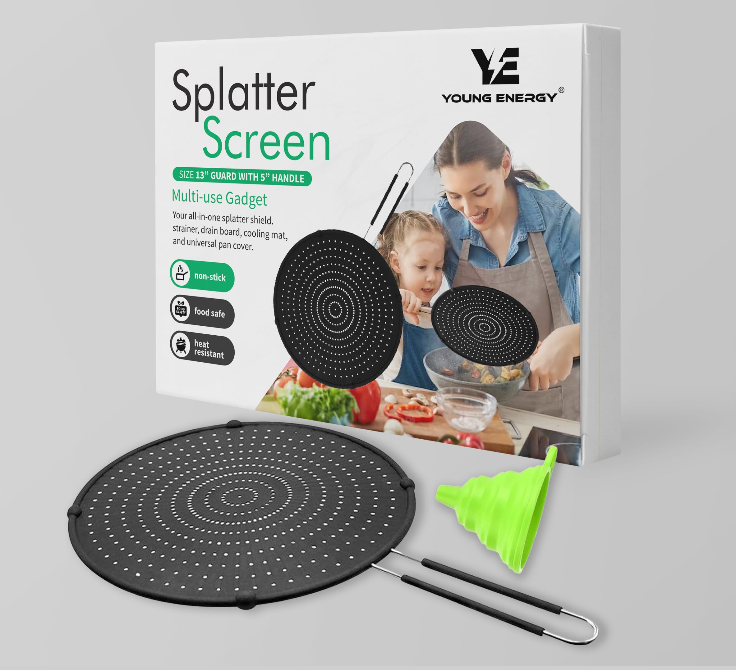 Young Energy Silicone Splatter Screen For Cooking, Frying Pan With Collapsible Oil Funnel, Grease Splatter Guard, Non Stick, Hea