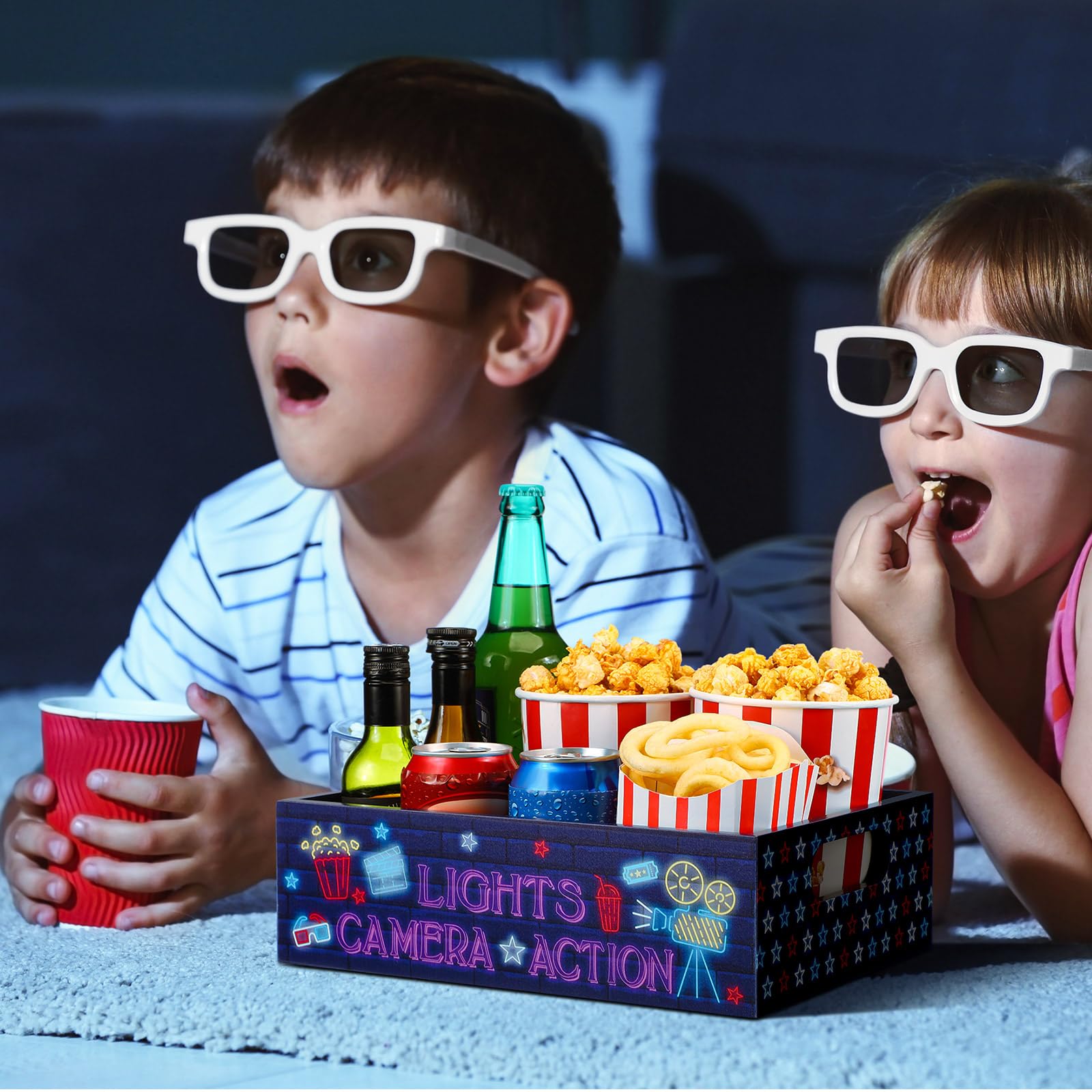 Movie Night Supplies Snack Trays with Handles Reusable Wooden Movie Gift Basket for Theater Popcorn Bucket Bowl Box Container Fa