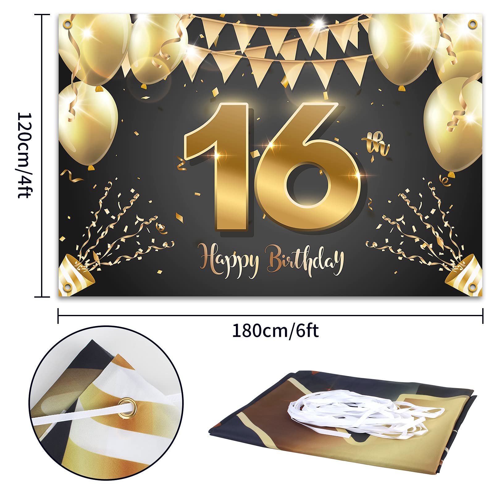 Hamigar 6X4Ft Happy 16Th Birthday Banner Backdrop - 16 Years Old Birthday Decorations Party Supplies For Girls Boys - Black Gold