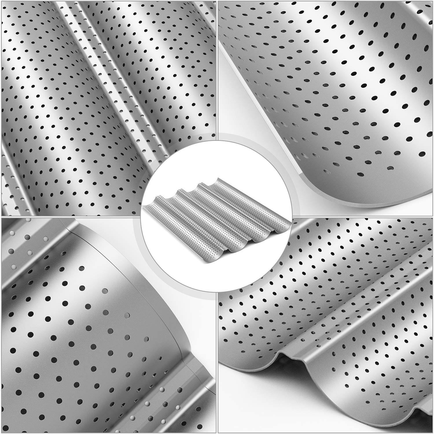 2 Pack Nonstick Perforated Baguette Pan 15'' X 13'' For French Bread Baking 4 Wave Loaves Loaf Bake Mold Oven Toaster Pan (Silve