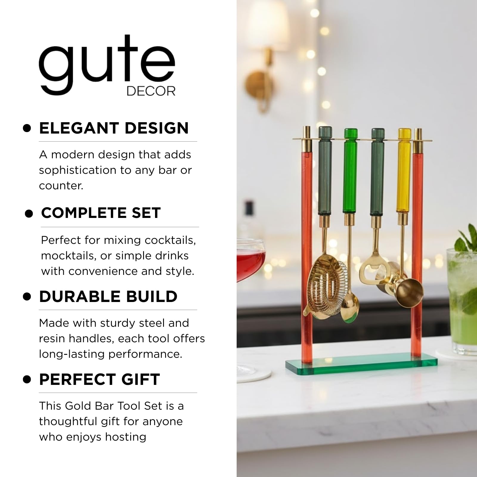 5-PC Gold Bartender Kit with Stand & Color Handles