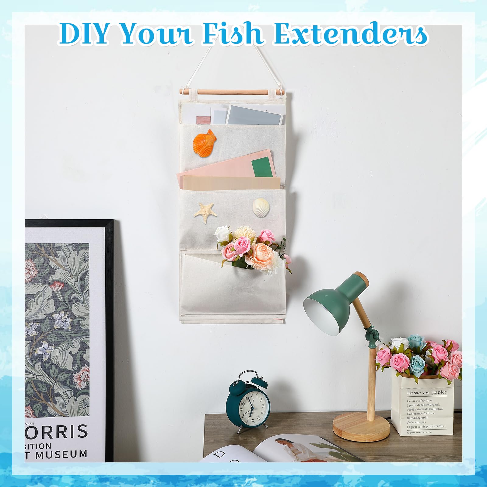 Riakrum 2 Pcs Fish Extenders Hanging Organizer With Pockets Wall Hanging Storage Bag Linen Cotton Fabric 3 Pockets Hanging Bag F