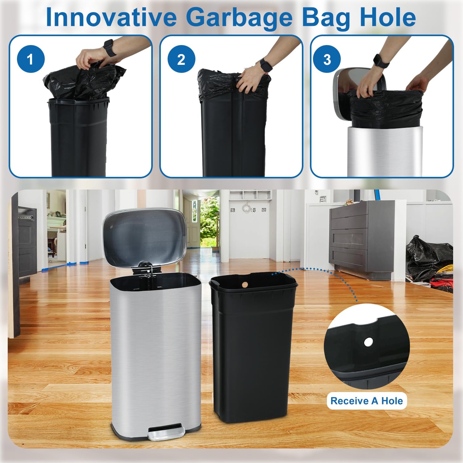 Paylesshere 8 Gallon (30L) Trash Can Kitchen Stainless Steel Trash Can Trash Can With Lid Removable Inner Bucket Foot Pedal Soft