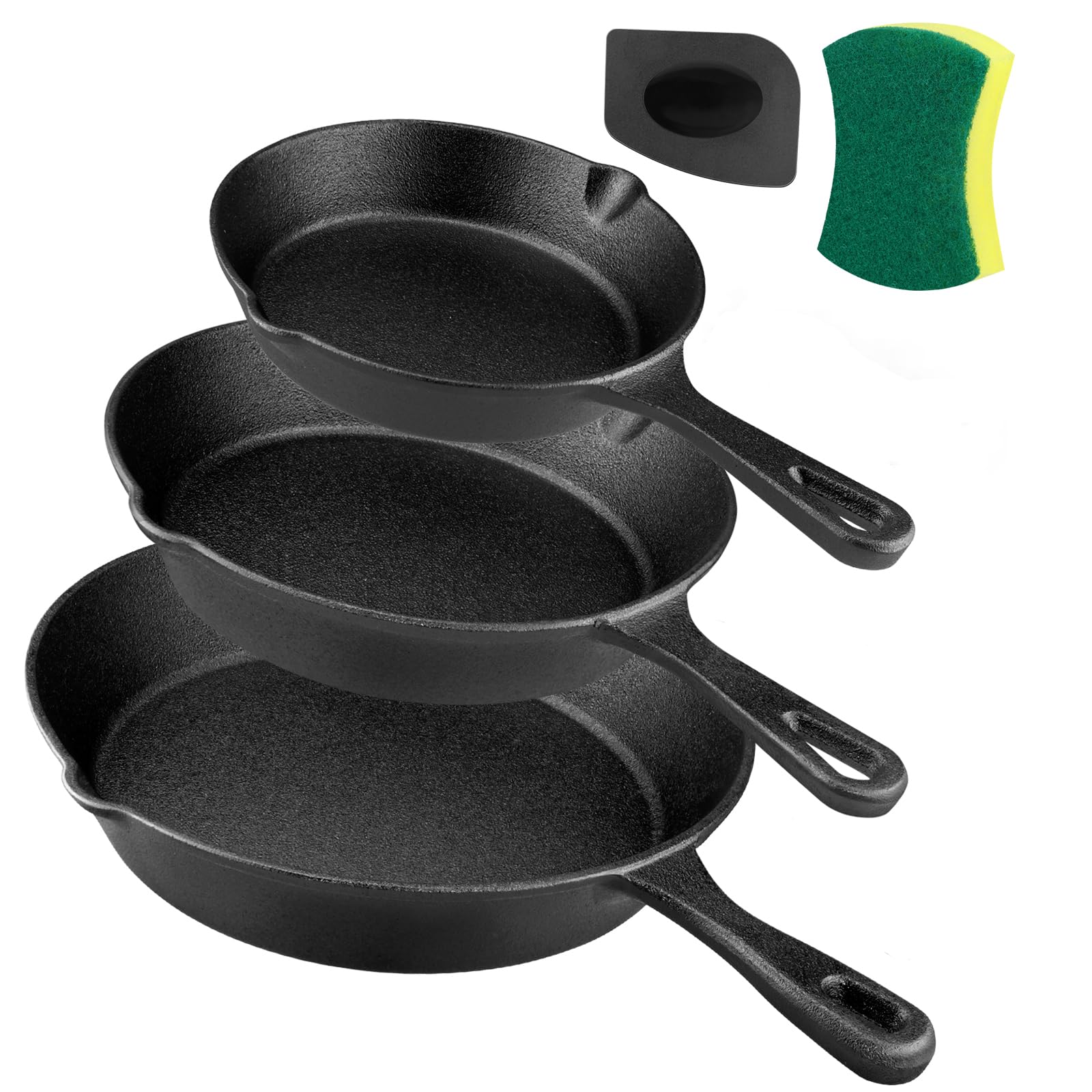 Goeszooin Pre-Seasoned Cast Iron Skillet Set -3 Piece 6 Inch, 8 Inch And 10 Inch Cast Iron Pan, With Silicone Handles+Scraper+Di