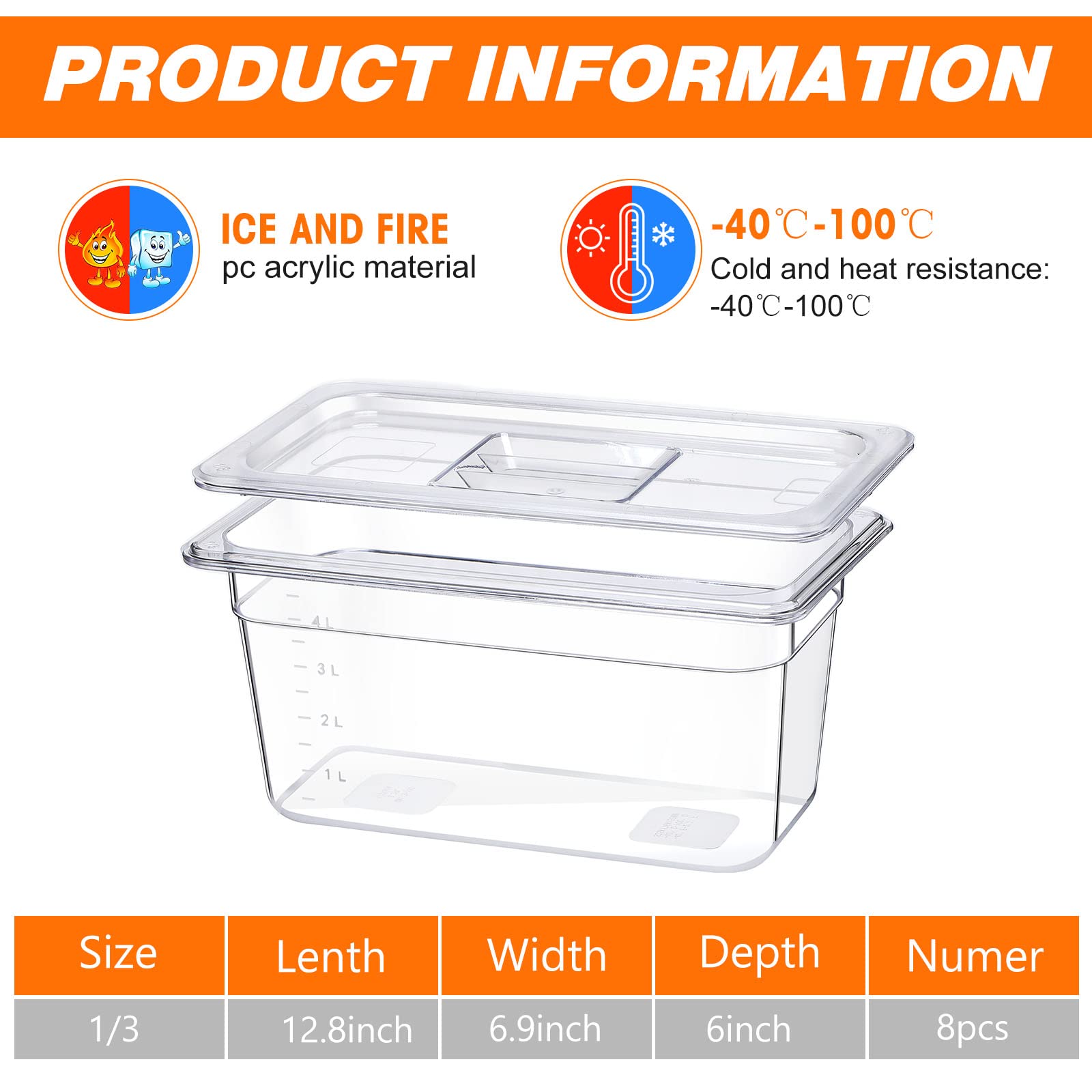 Fumete 8 Sets Clear 1/3 Size, 6 Inch Deep Food Pan Polycarbonate Square Food Storage Containers With Lids For Kitchen Restaurant