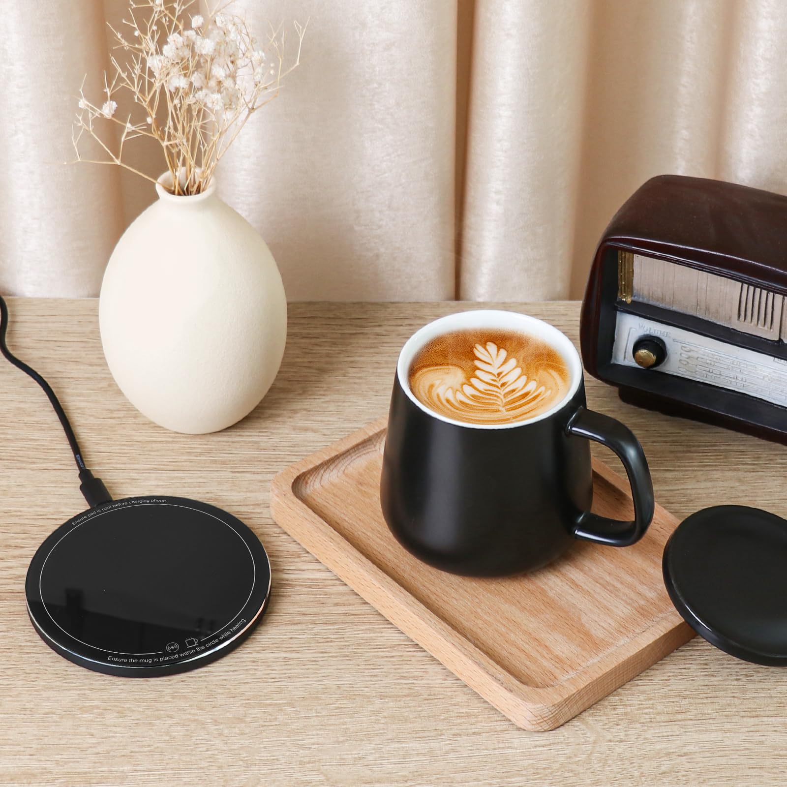 Apekx 2024 Upgraded Self-Heating Ceramic Mug - Stable 130F Temperature, 15W Wireless Phone Charging, 12.8 Fl Oz Capacity - Usb-C