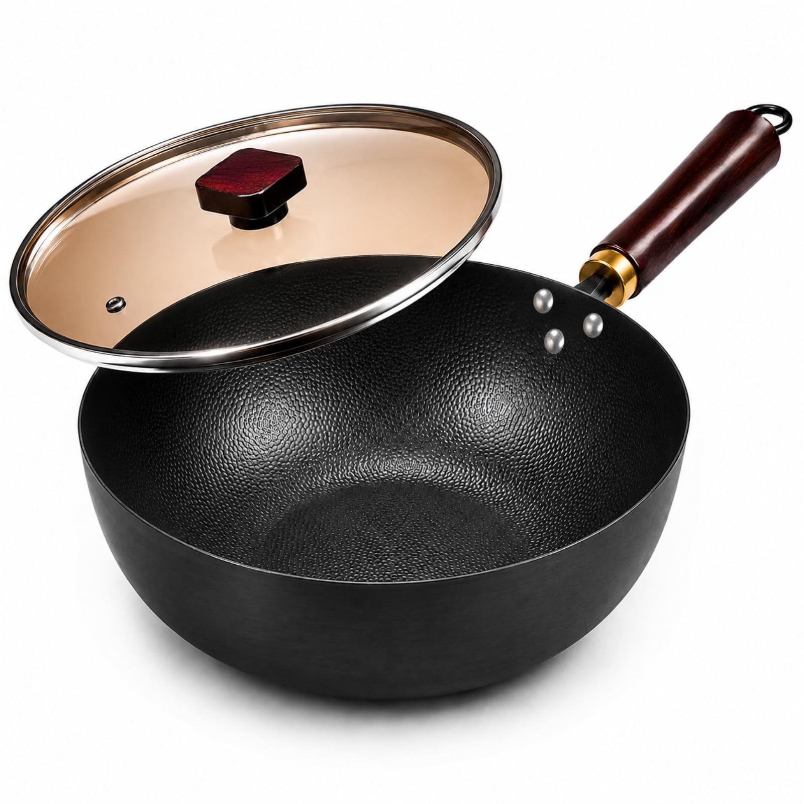 Calmabode Carbon Steel Wok 11, Deep Frying Pan, HandHammered Flat Bottom
