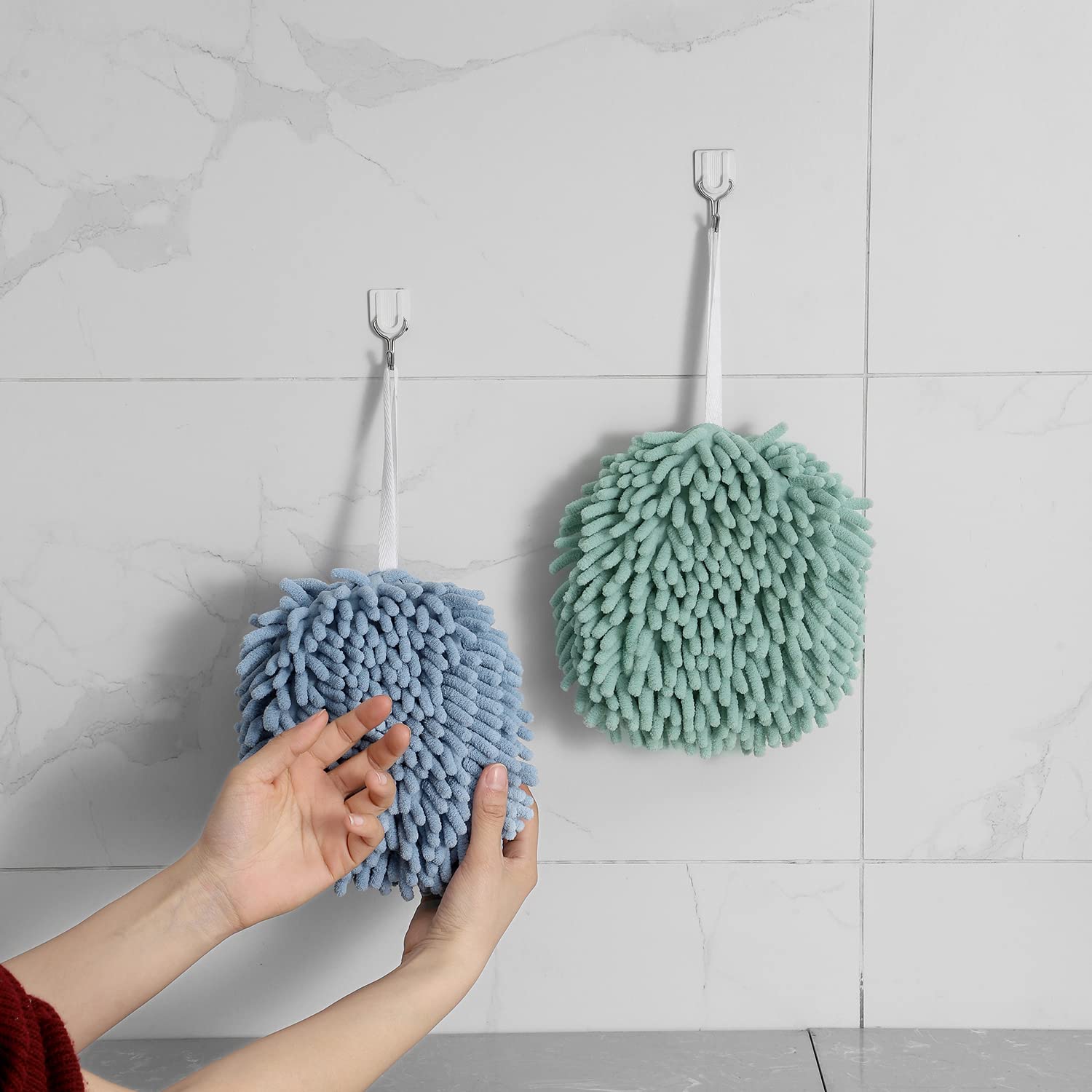 Nulubuu Soft Absorbent Chenille Ball Towel Sets, Quick Dry Hand, Towels For Bathroom/Kitchen Pack Of 3 (Mint Green+Light Blue+Bl