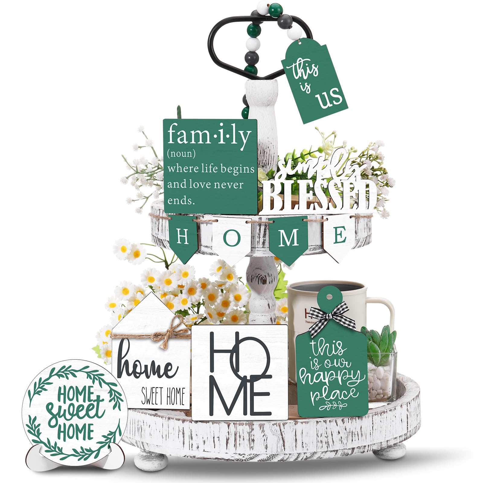 FairySandy Set of 11 Spring Farmhouse Tiered Tray Decor Rustic Spring Home Tiered Decorations Set Home Wooden Signs Green Farmho