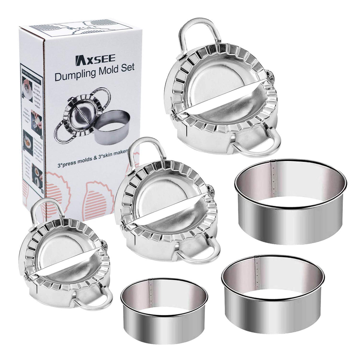 Iaxsee 6 Pieces Dumplings Maker Stainless Steel Dumpling Mold Set, 3 Dumpling Molds, 3 Dumpling Skin Maker