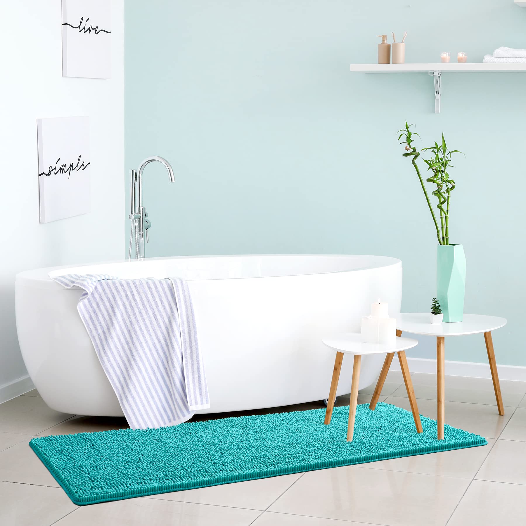 Noahas Bath Rugs 24'' x 60'' Large Runner Bathroom Rug  Soft Luxury Chenille Bathroom Mats with Non-Slip Backing  Throw Absorbent Carpet for Bath Tub/Shower  Machine Washable Durable Rug  Teal Blue