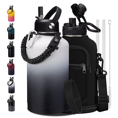 Half Gallon Water-Bottle with straw - 64oz Vacuum Insulated Water Bottles with Paracord Handle  Straw Spout Lids  Water Bottle Carrier Holder  Protective Cup Mat  2 Liter Stainless Steel Water Jug
