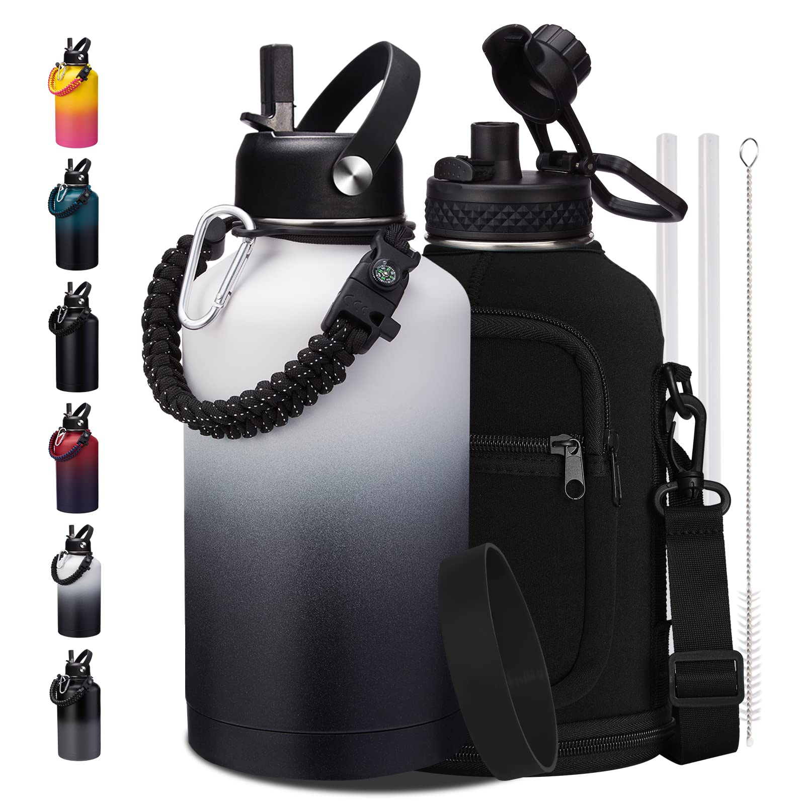 Half Gallon Water-Bottle With Straw - 64Oz Vacuum Insulated Water Bottles With Paracord Handle, Straw Spout Lids, Water Bottle C