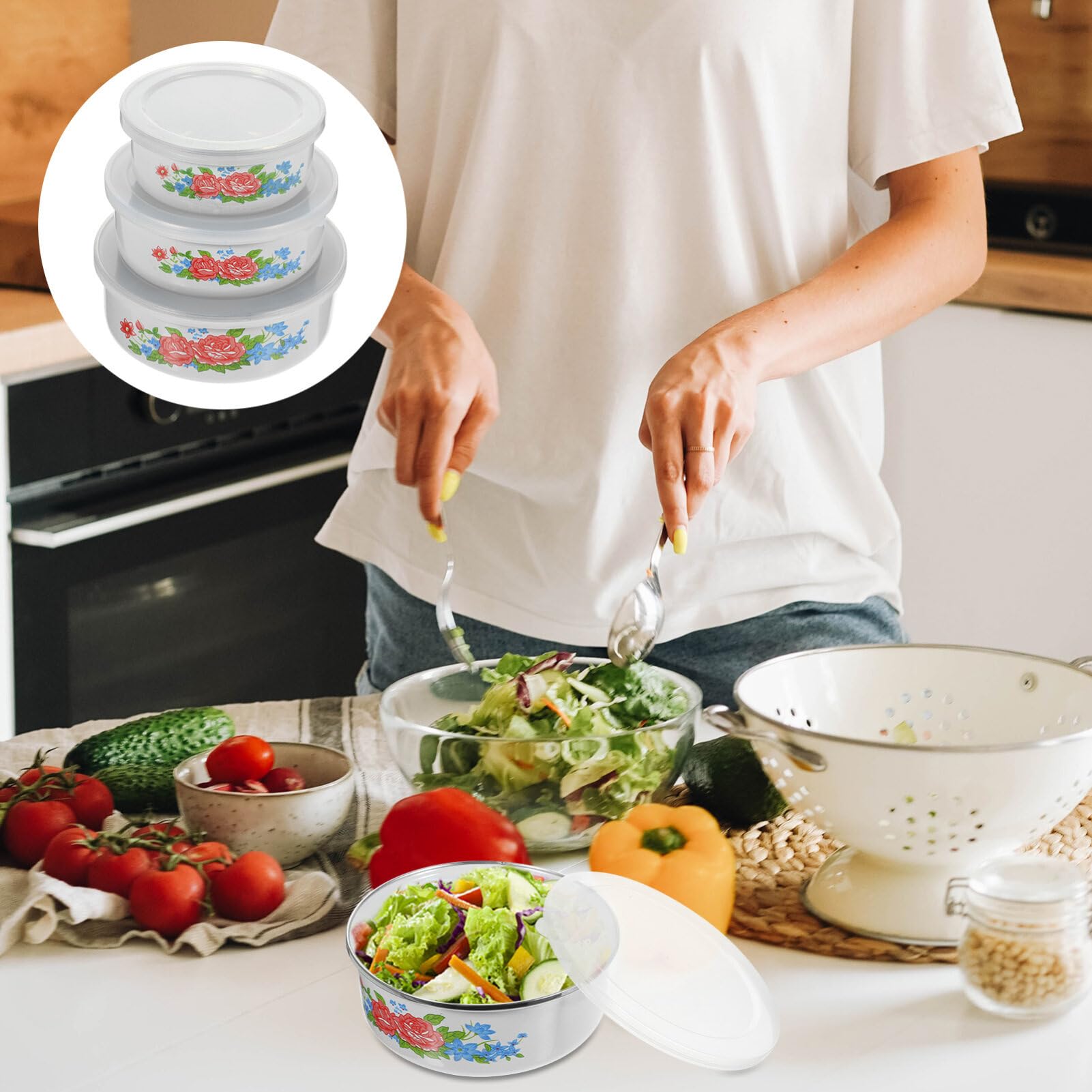 Kichvoe 3Pcs Enamel Mixing Bowl Set Vintage Enamel Bowl With Lid Chinese Style Soup Basin Salad Fruit Food Storage Container Pre