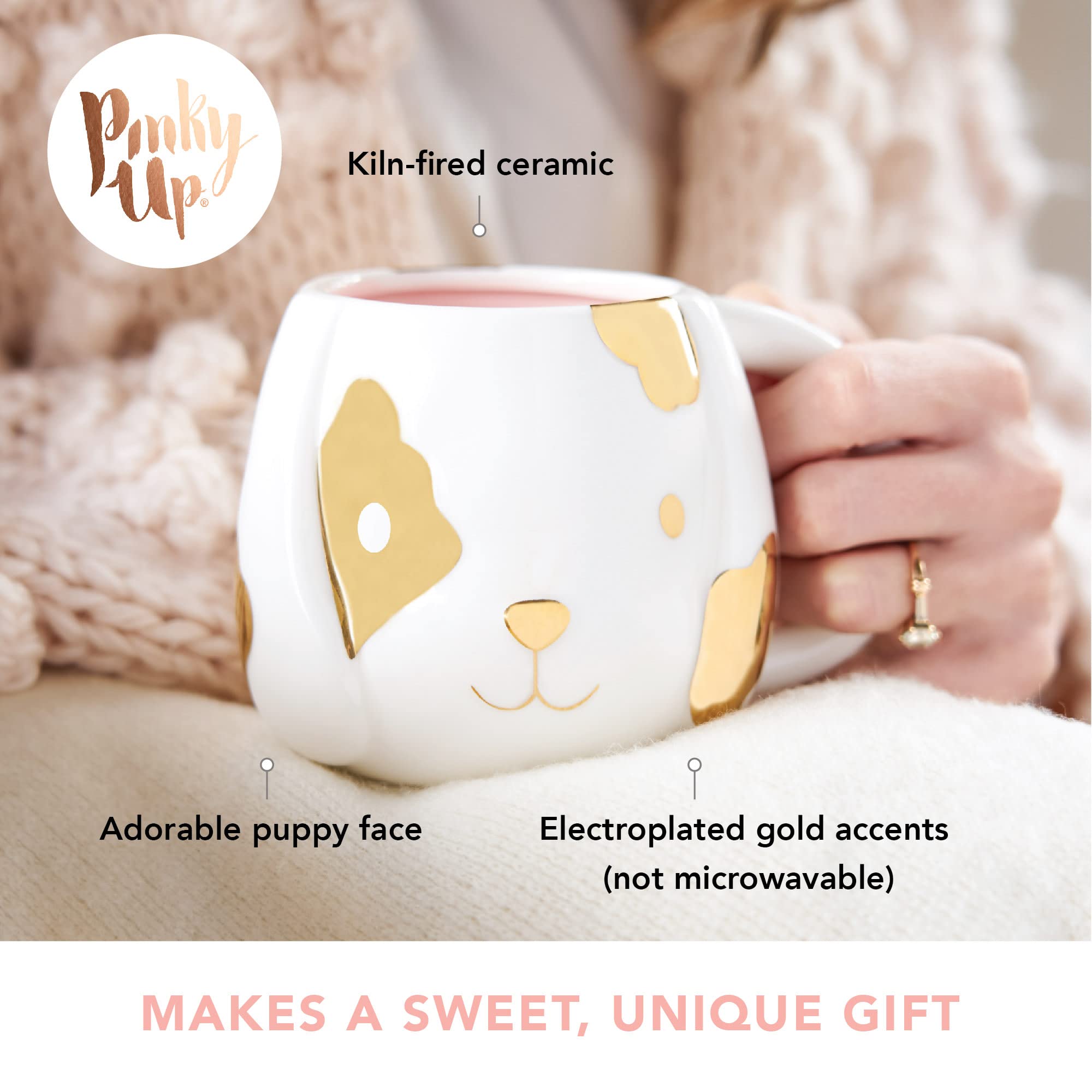 Pinky Up Penny Dog Mug, Ceramic Tea Mug, Tea Tumbler Cup, Dog Lover Gifts, Puppy Inspired Tea Cup, Gold Accents, 16Oz