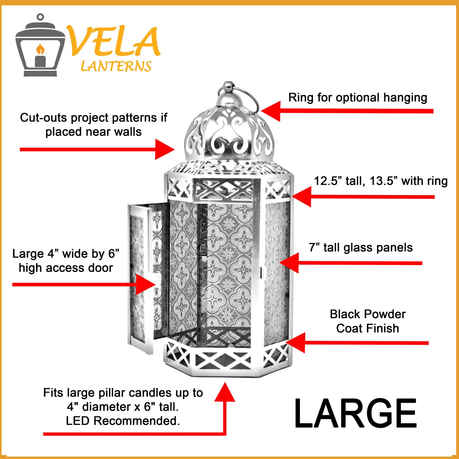 VELA LANTERNS 12 Large Black Metal Decorative Moroccan Lantern Candle Holder Lamp - Indoor/Outdoor, Home Decor, Patio, Weddings,