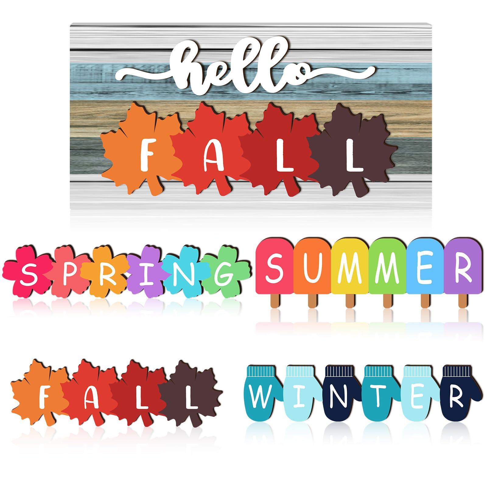 Roowest 5 Pcs Hello Fall Sign Interchangeable Seasonal Sign Spring Summer Winter Tiered Tray Decor 5.9 x 3 Inch Wooden 4 Seasons