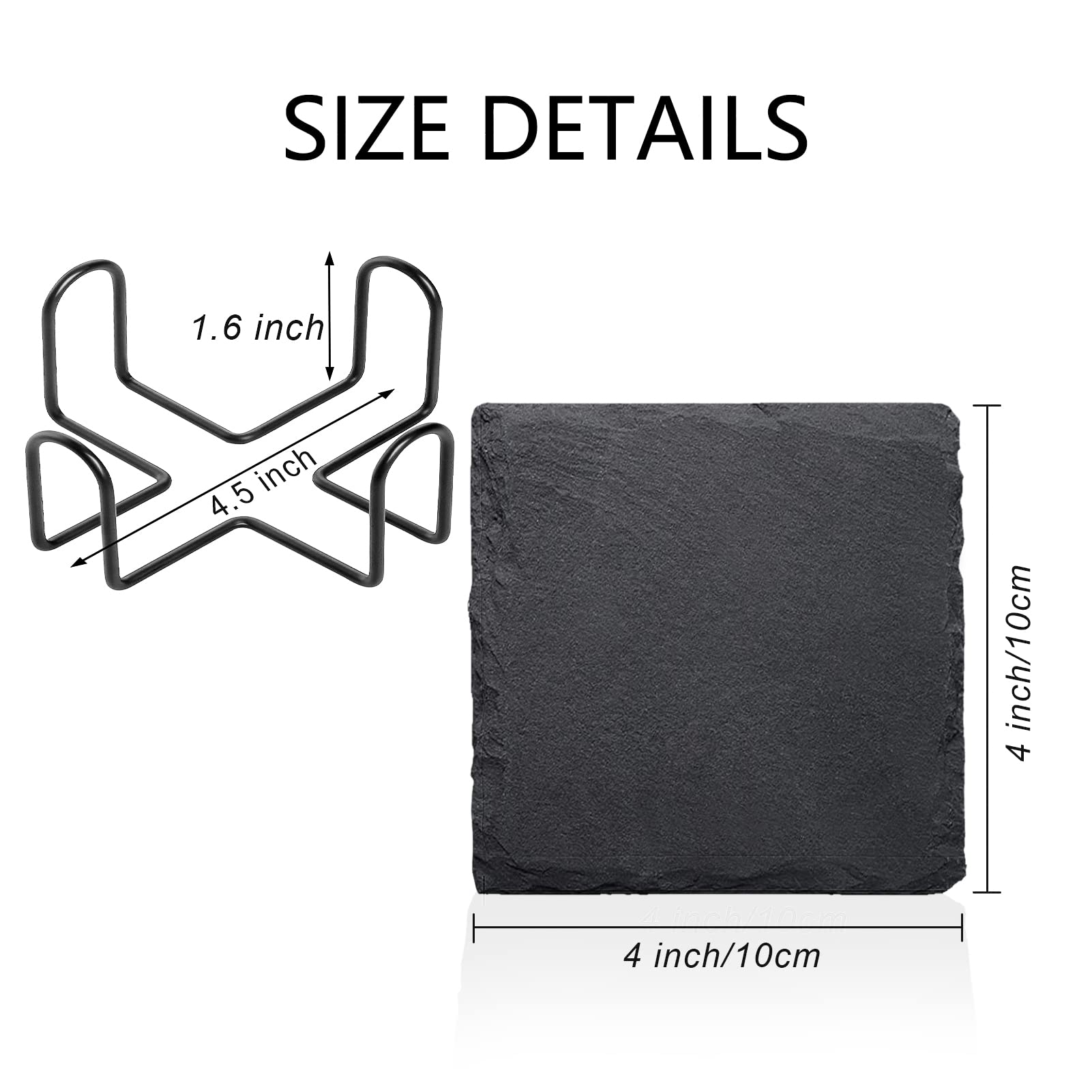 4 Pcs Square Slate Drink Coasters Set, Sijdiee 4 Inch Black Slate Stone Coasters With Anti-Scratch Bottom And Coaster Holder For