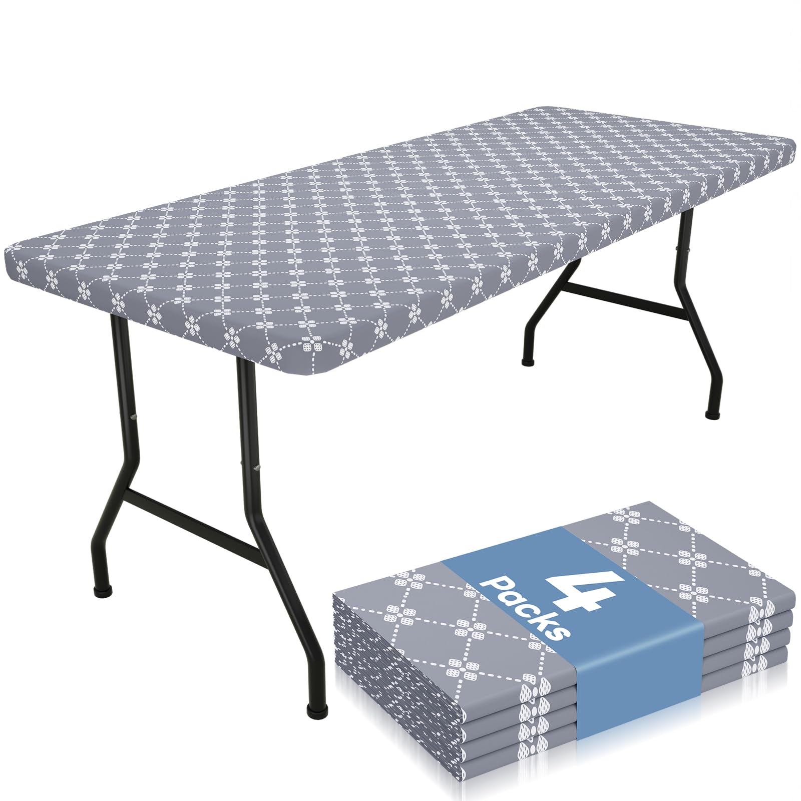 misaya 4 Pack Rectangle Vinyl Table Cloth, Elastic Fitted Tablecloth with Flannel Backing, Waterproof Plastic Table Cover Fits F