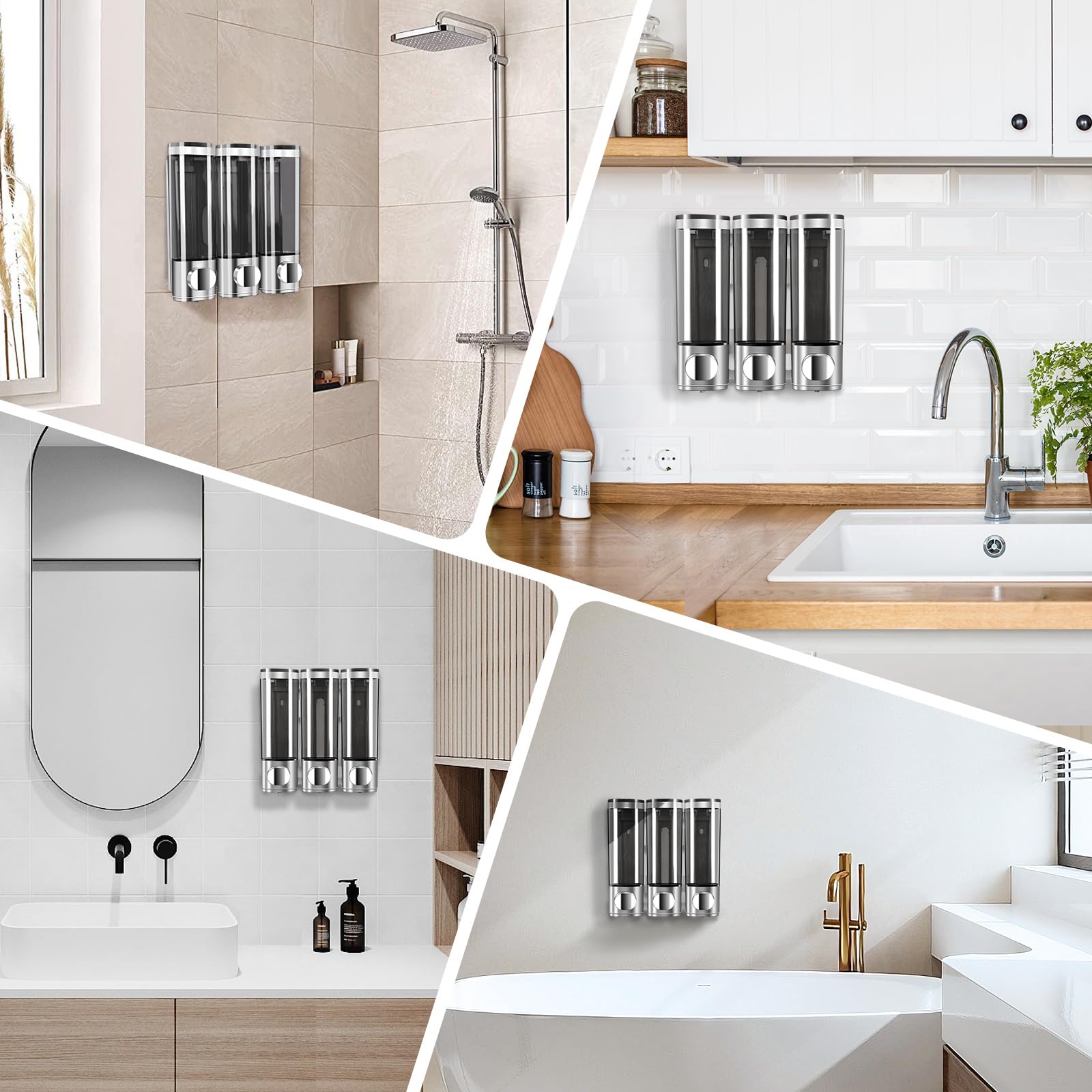 3 Chamber Shampoo Soap Dispenser No Leakage For Shower Wall Mounted And Conditioner Dispenser No Drill,Perfect For Bathroom, Kit