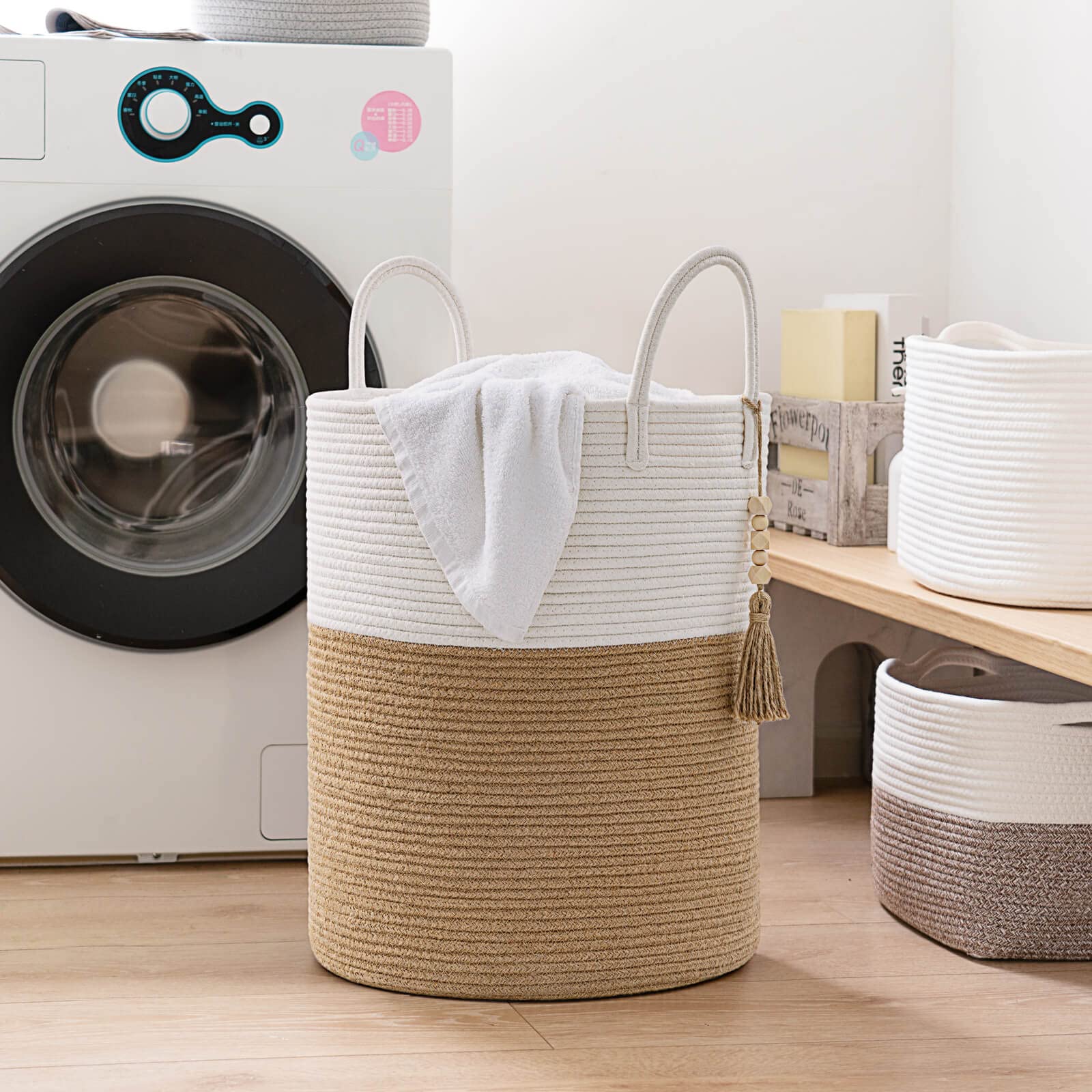 Goodpick Woven Laundry Basket Decorative Blanket Basket For Living Room, Tall Storage Basket For Clothes, Toys, Towels, Wicker L
