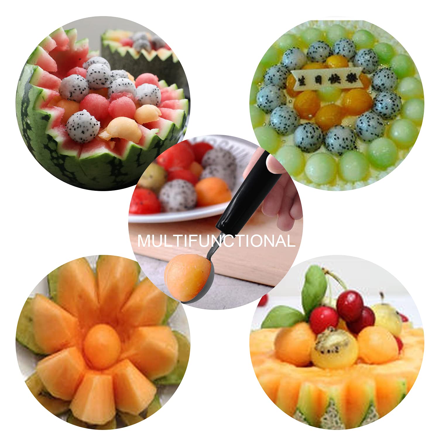 2 Pcs Double Ended Headed Fruit Icecream Ball Spoon,Stainless Steel Melon Baller,Smooth Round Melon Balls Melon Scoop For Waterm