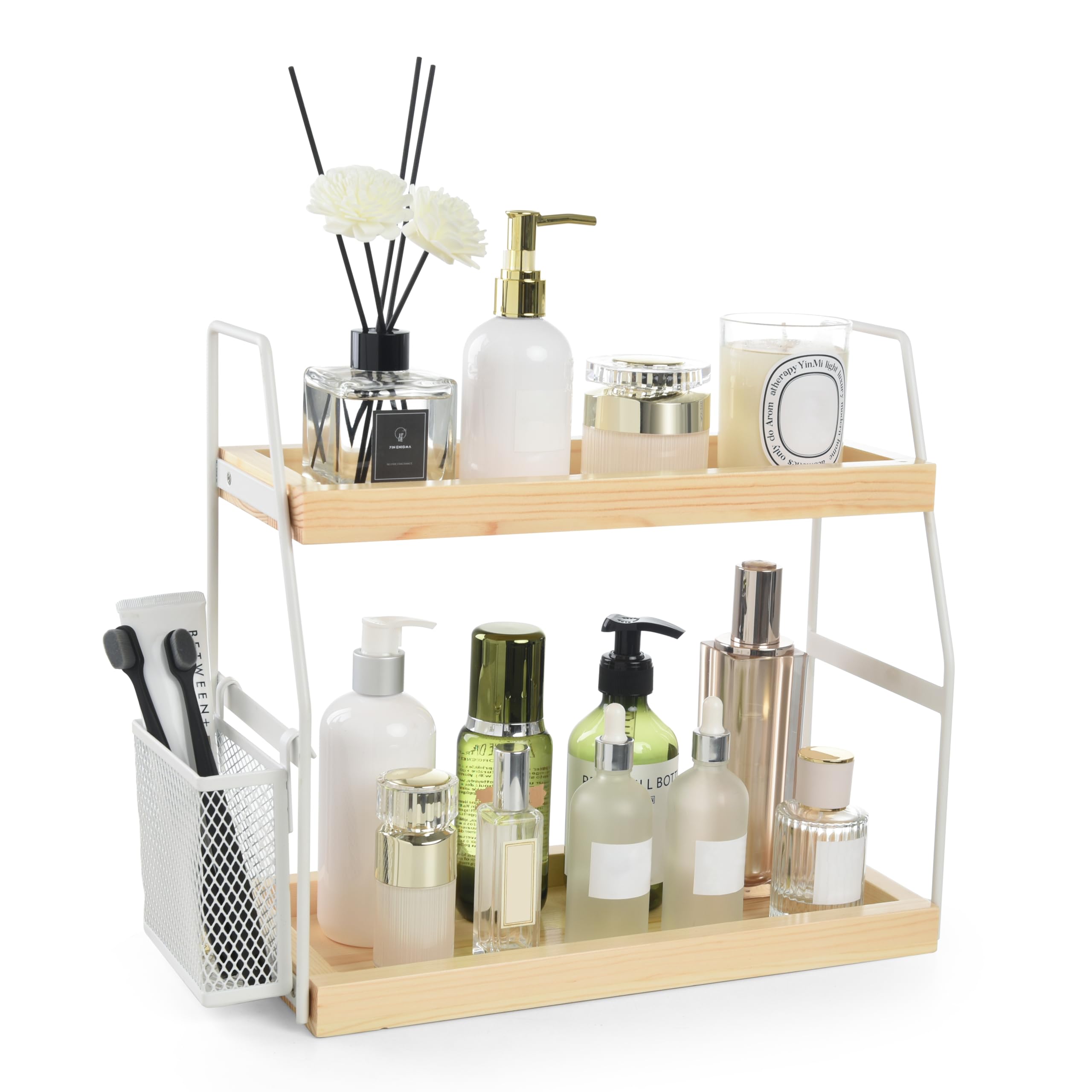 Uneviesyka Bathroom Counter Organizer, 2-Tier Standing Storage Shelf With Basket, Wood Tray For Skincare Vanity Organizer(White)